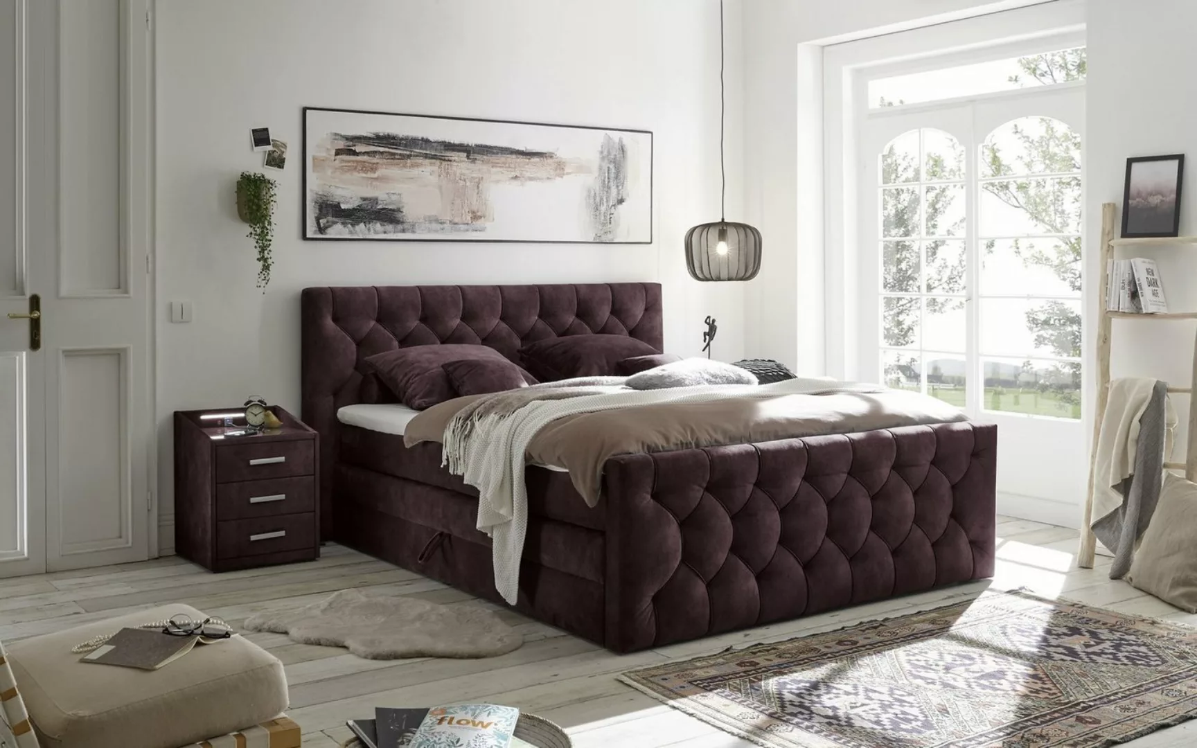 freiraum Boxspringbett Cashfield, 6cm Topper, Bettkästen, Aubergine gestepp günstig online kaufen