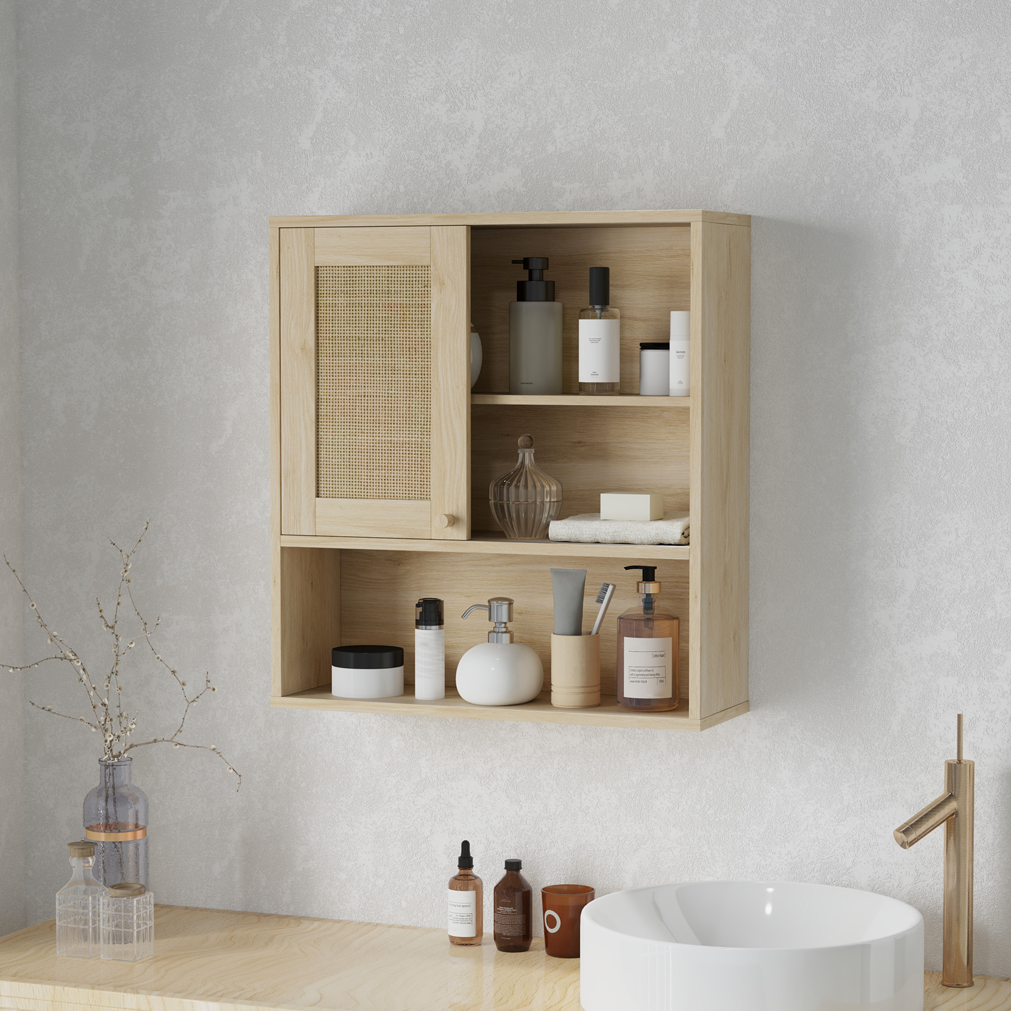 HOMCOM Wandhängeschrank, Badezimmerschrank mit Rattantür und offenen Regale günstig online kaufen
