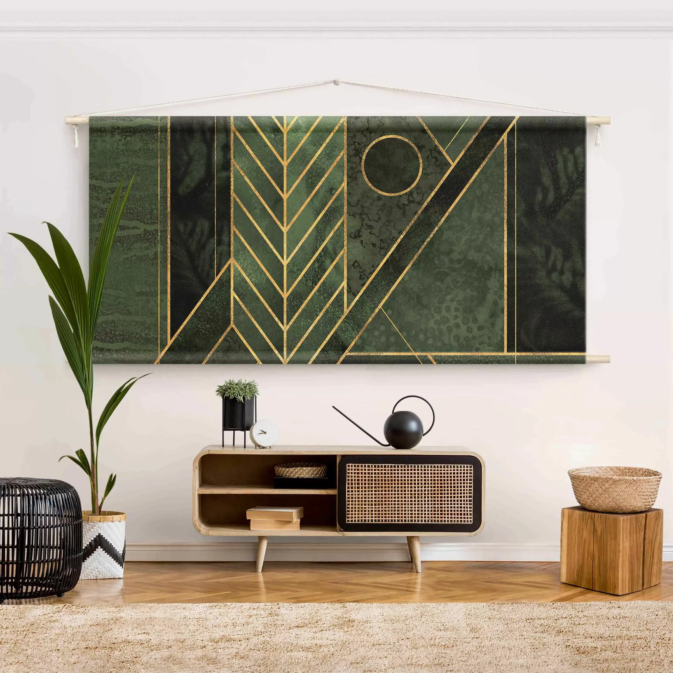 Wandteppich Geometrische Formen Smaragd Gold günstig online kaufen