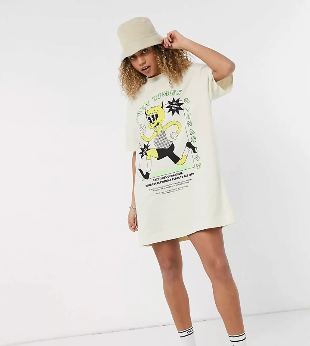 COLLUSION – T-Shirt-Kleid mit kurzen Ärmeln und Cartoon-Print in Ecru-Weiß günstig online kaufen