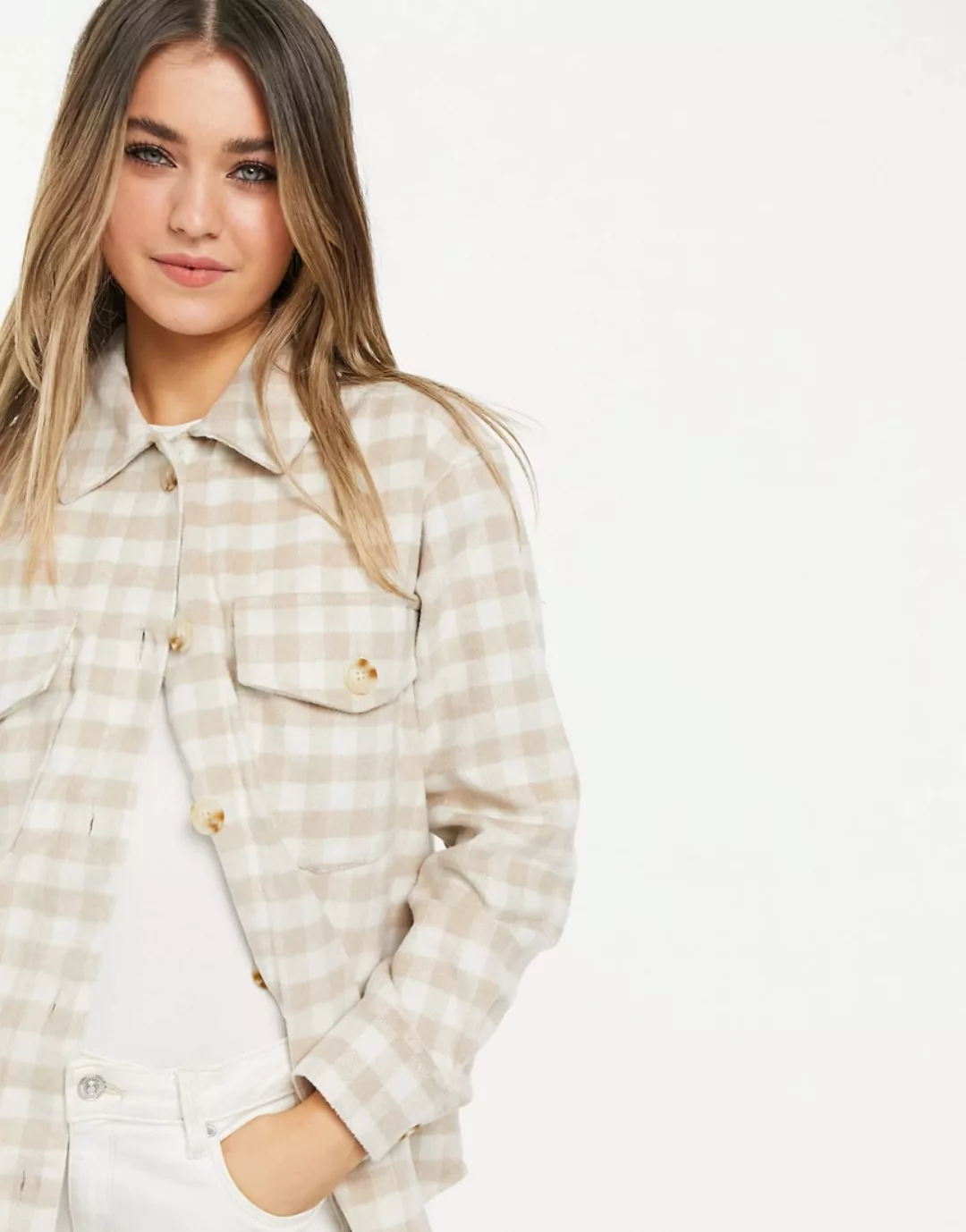 New Look – Bequeme, karierte Hemdjacke in Creme-Weiß günstig online kaufen