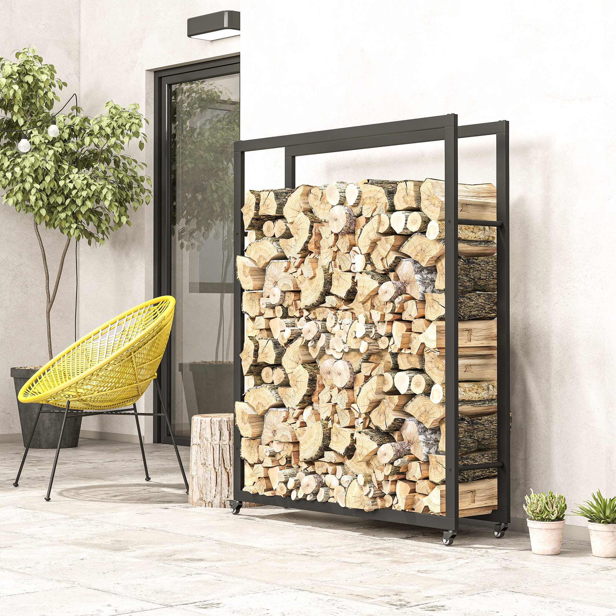 Outsunny Kaminholzregal 120 x 32 x 151 cm Brennholzregal mit Rollen, Feuerh günstig online kaufen
