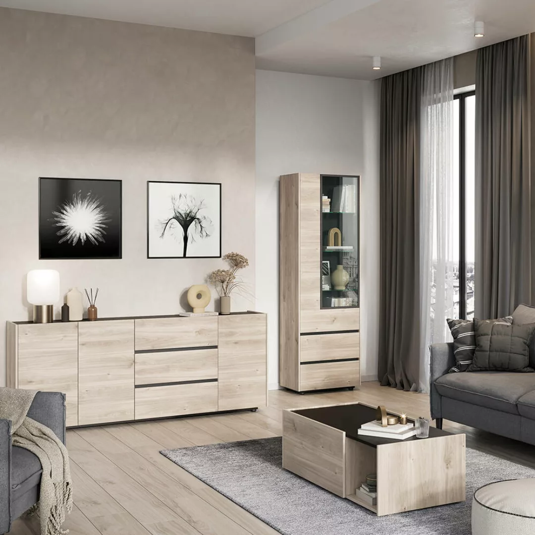 Wohnzimmermöbel Set CALAIS-01 in Eiche Nb. mit schwarz, modern, 3-teilig mi günstig online kaufen