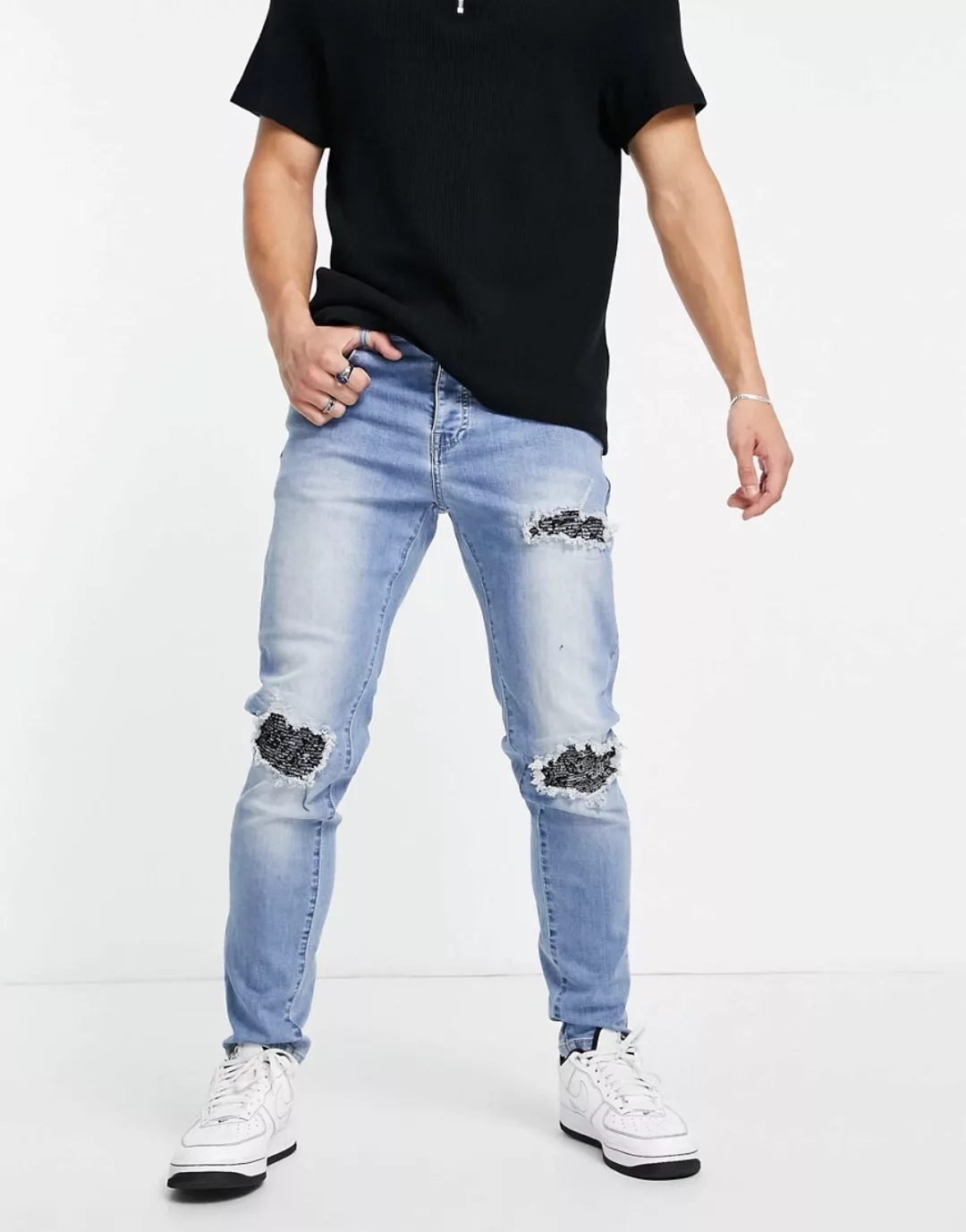 Sixth June – Jeans im Used-Look in Blau mit Bandana-Detail günstig online kaufen