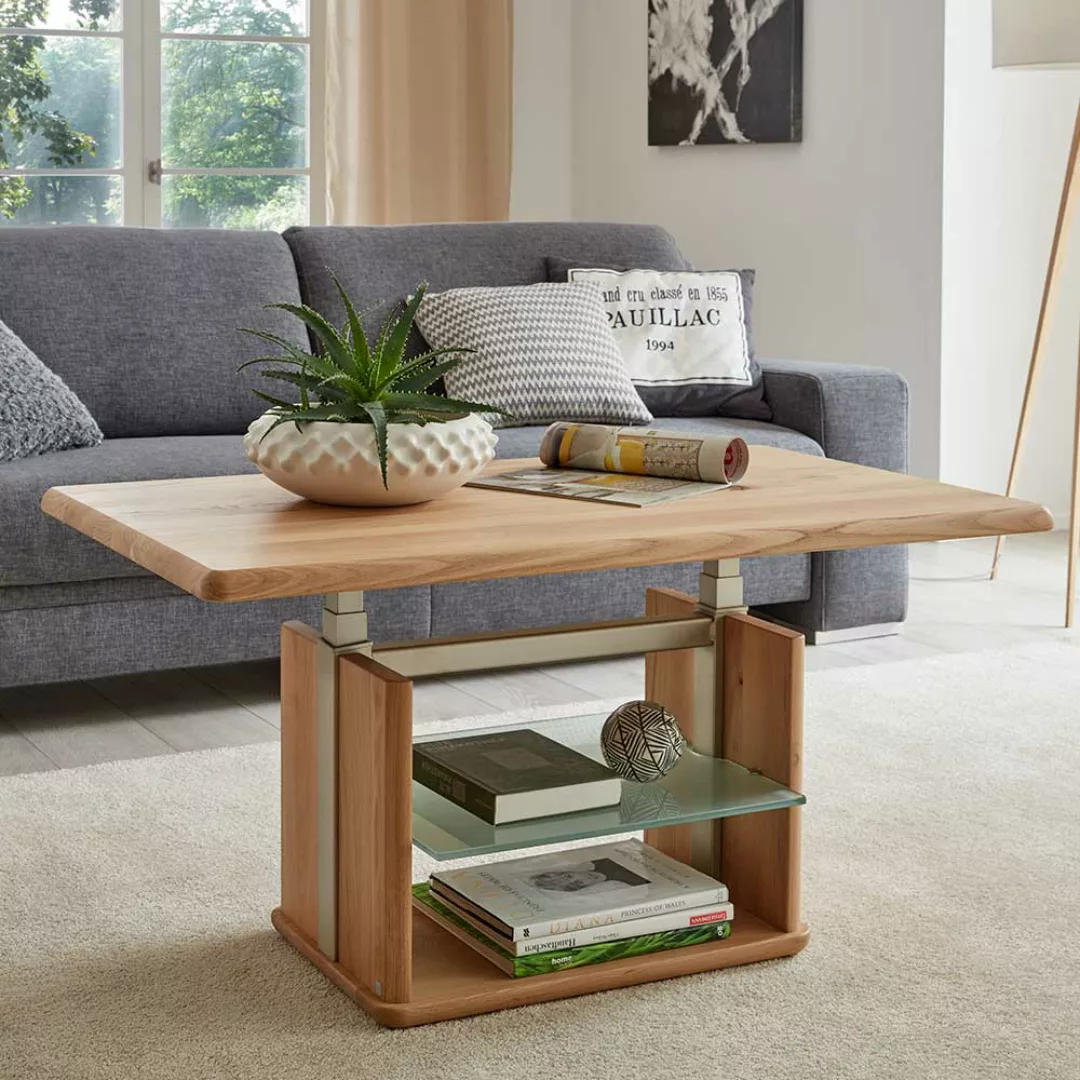 Wohnzimmer Tisch in Wildeiche Bianco massiv und Glas rollbar günstig online kaufen