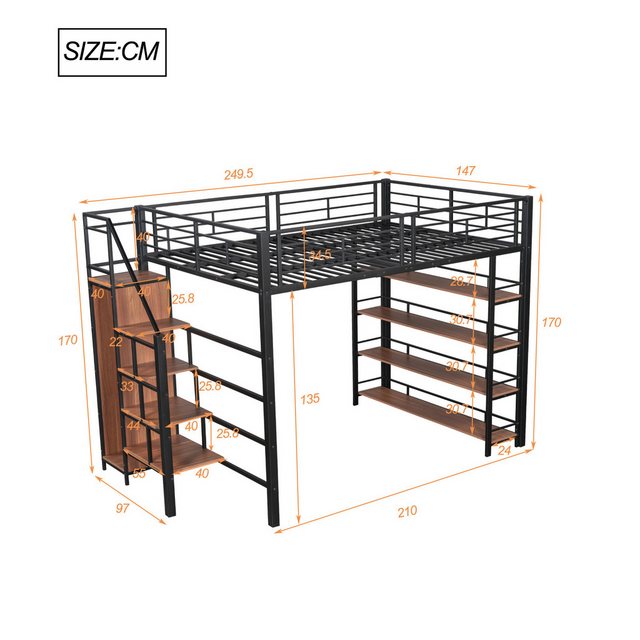 Flieks Hochbett Metallbett Doppelbett 140x200cm mit Stauraumtreppe und Klei günstig online kaufen