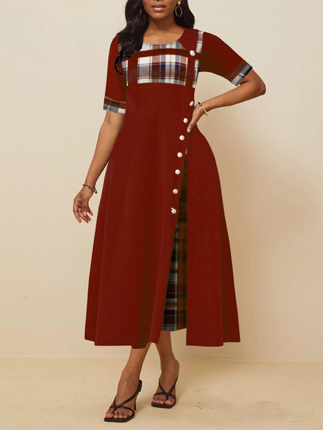Frauen Plaid Patched Irregular Plissee Kurzarm Maxi Kleid günstig online kaufen