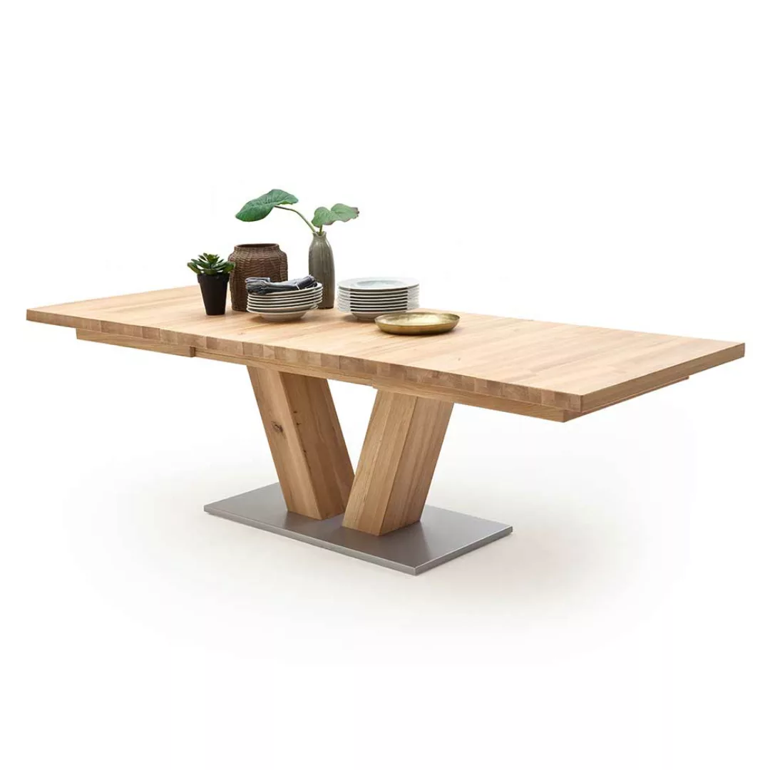 Ausziehbarer Tisch mit V-Fußgestell Eiche Massivholz günstig online kaufen