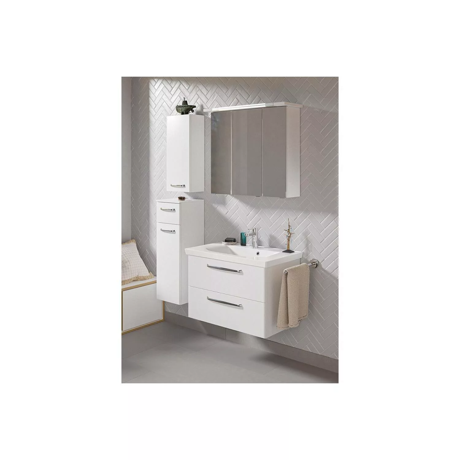 Badmöbel Set inkl. Waschbecken Mineralmarmor TRENTO-66 in weiß Glanz, B/H/T günstig online kaufen