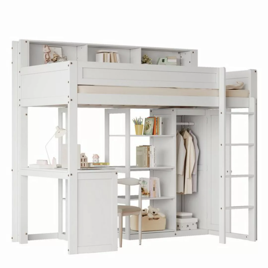 OKWISH Kinderbett Holzbett Etagenbett mit Tisch und Kleiderschrank (mit Fal günstig online kaufen