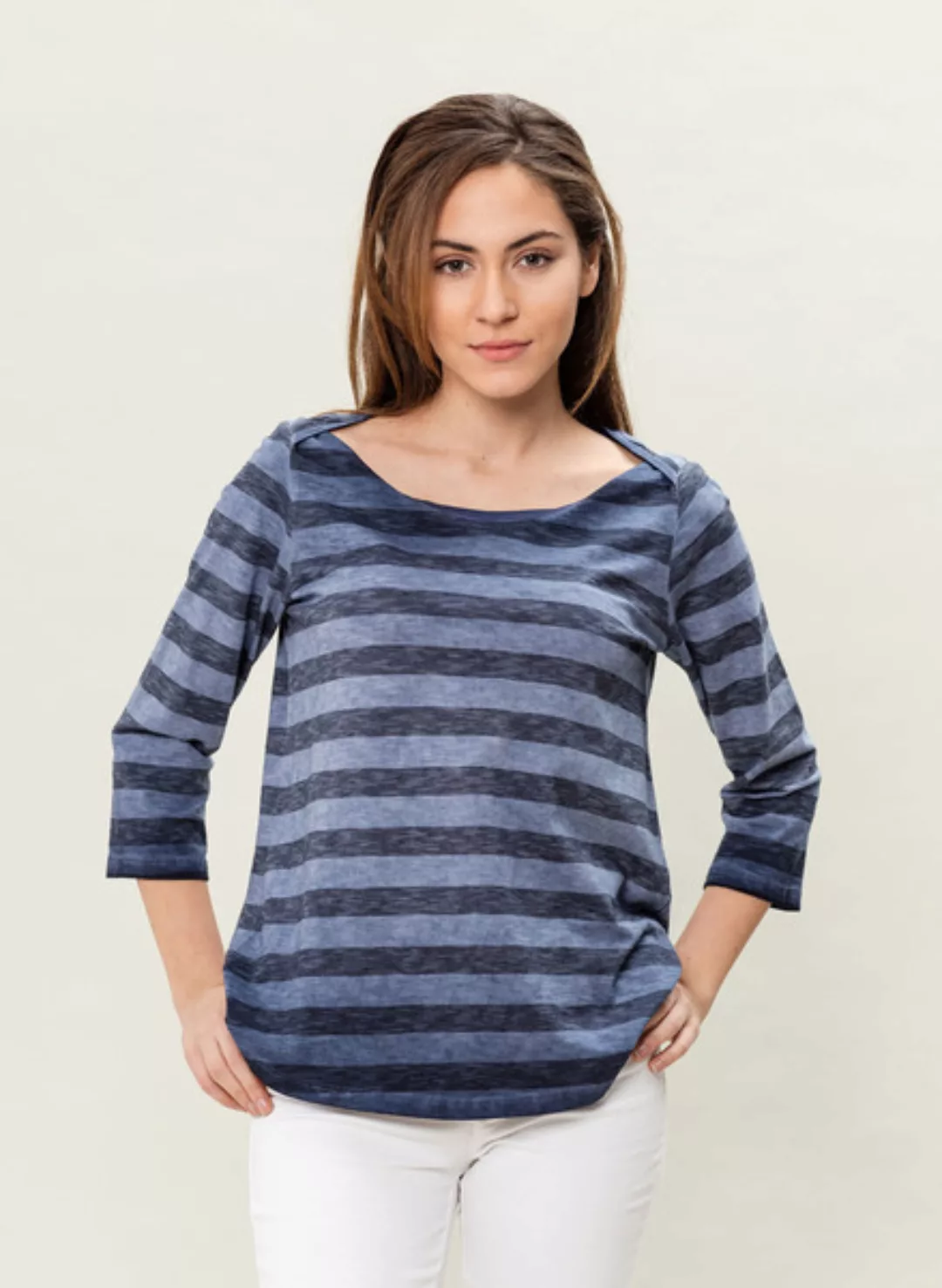 Wor-3054 Damen Garment Dyed Gestrifter 3/4 Arm T-shirt günstig online kaufen