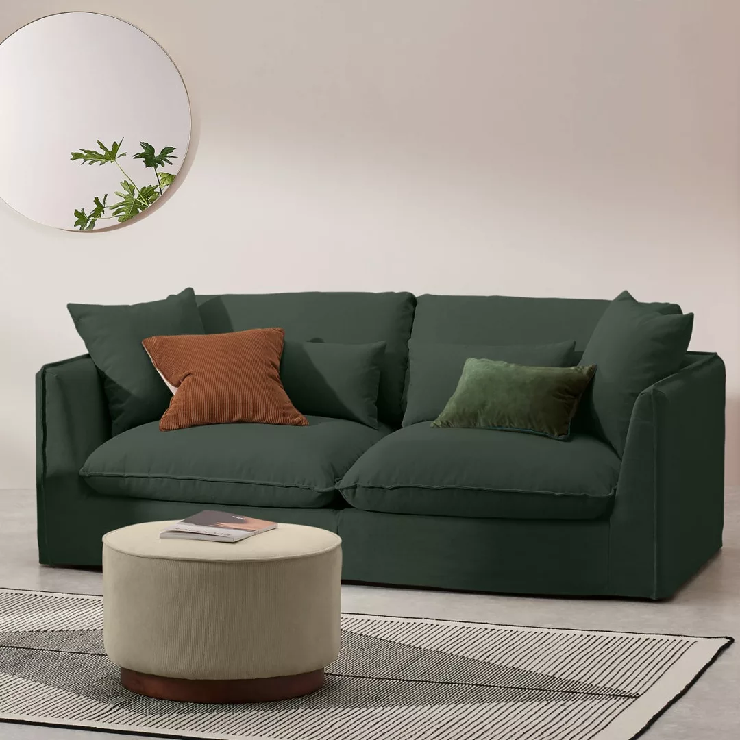 Kasiani 3-Sitzer Sofa, Baumwoll-Leinen-Mix in Lorbeergruen - MADE.com günstig online kaufen