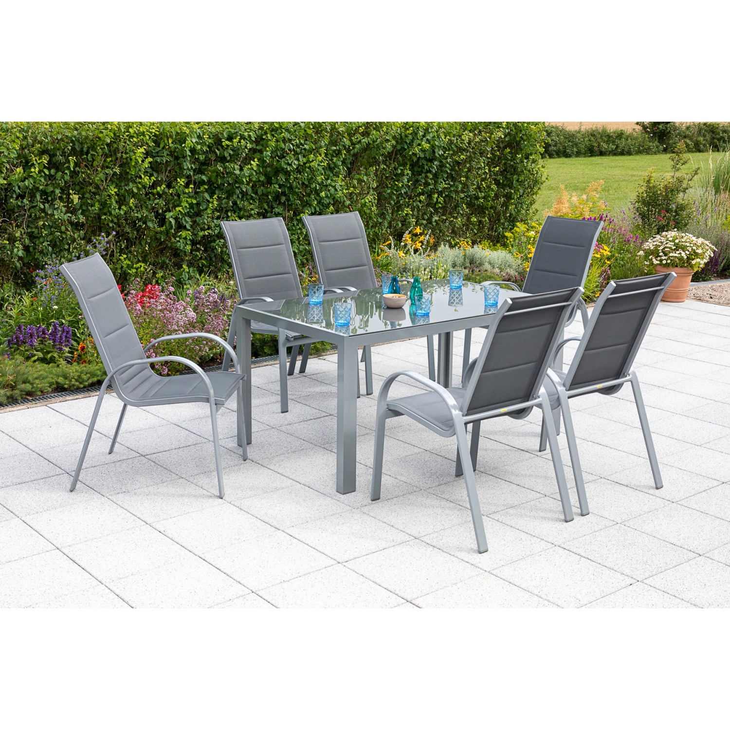 Merxx Amalfi Set 7 -tlg. 6 Stapelsessel Rechteckiger Gartentisch Silber-Gra günstig online kaufen