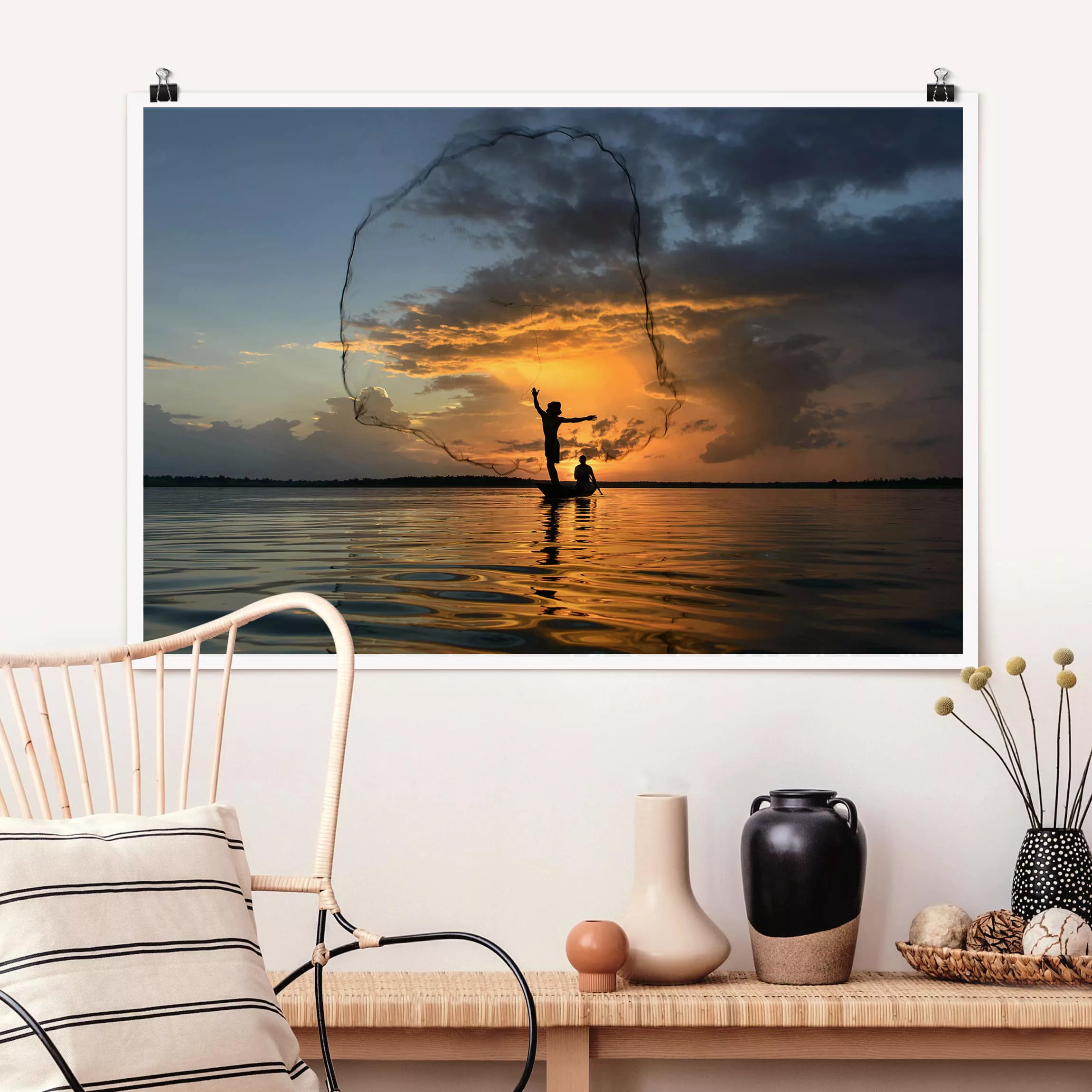 Poster Strand - Querformat Netz im Sonnenuntergang günstig online kaufen