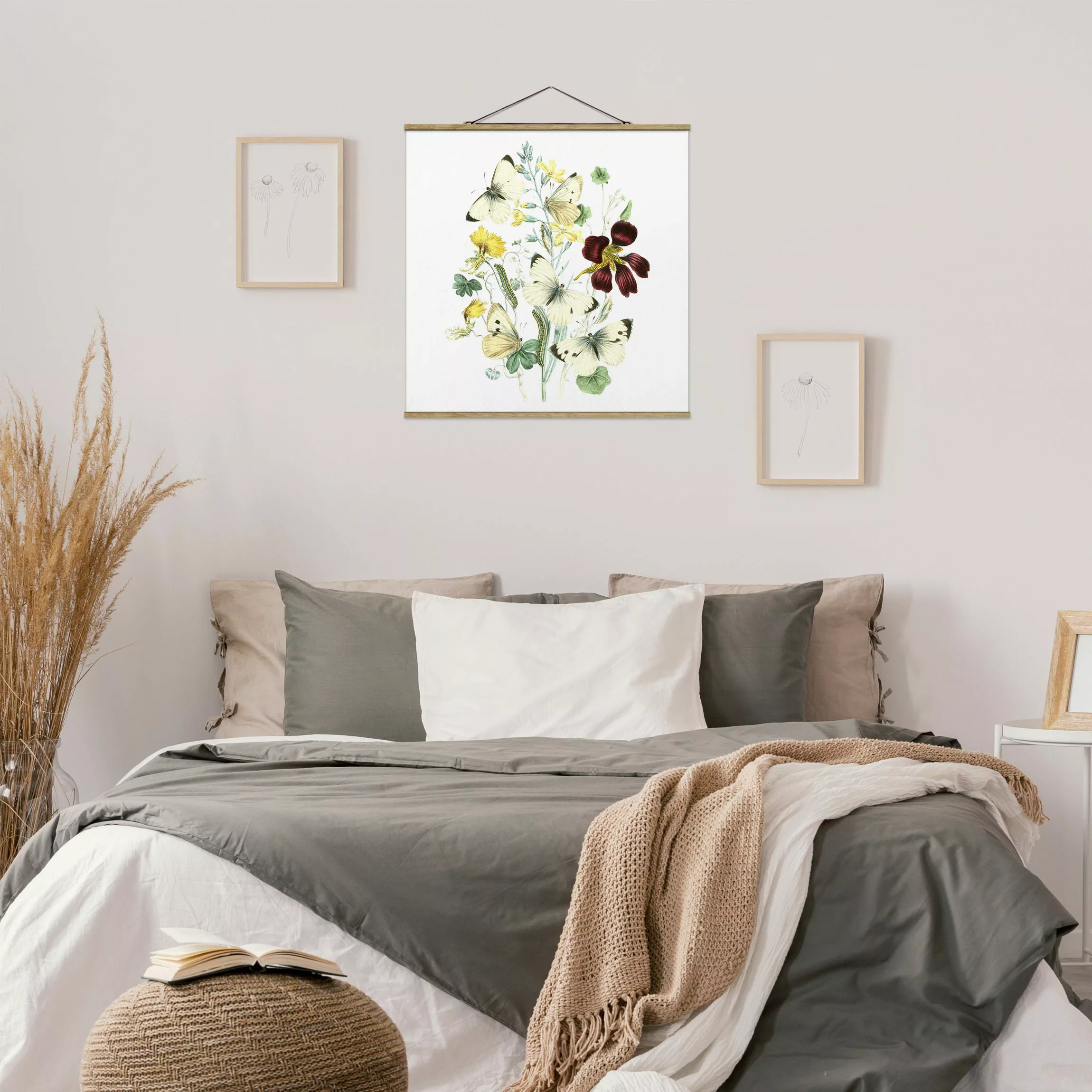 Stoffbild Blumen mit Posterleisten - Quadrat Britische Schmetterlinge II günstig online kaufen