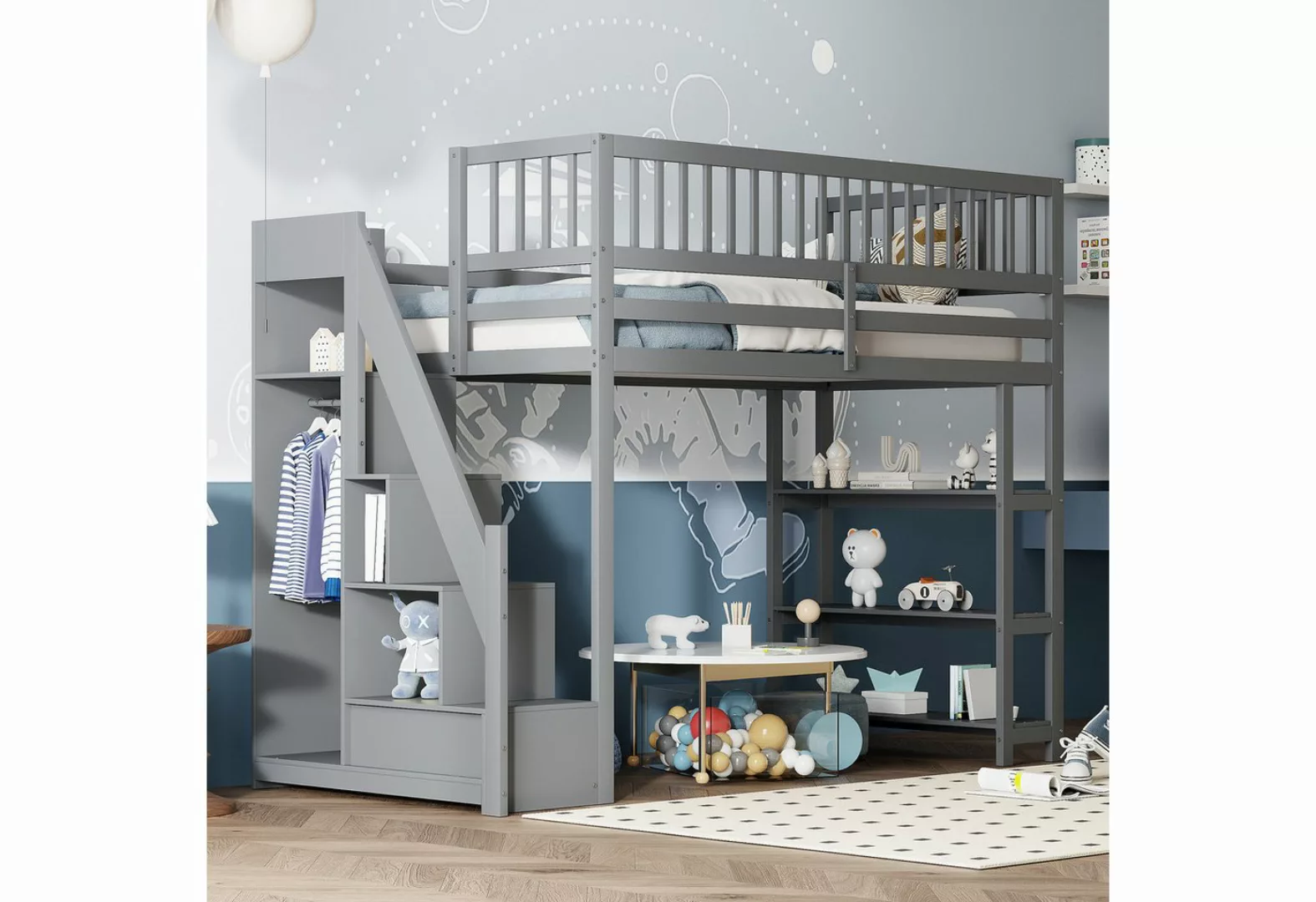 MODFU Kinderbett Einzelbett Hochbett Stauraumbett (Hochschrank-Sicherheitsd günstig online kaufen