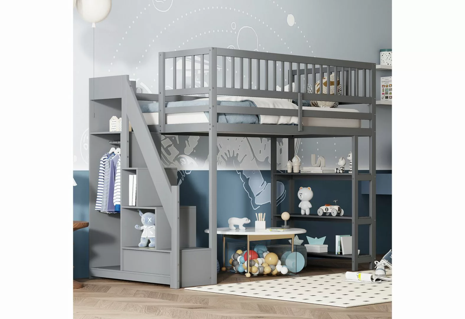 WISHDOR Kinderbett Hochbett,Hochschrank-Sicherheitsdesign mit Kleiderschran günstig online kaufen