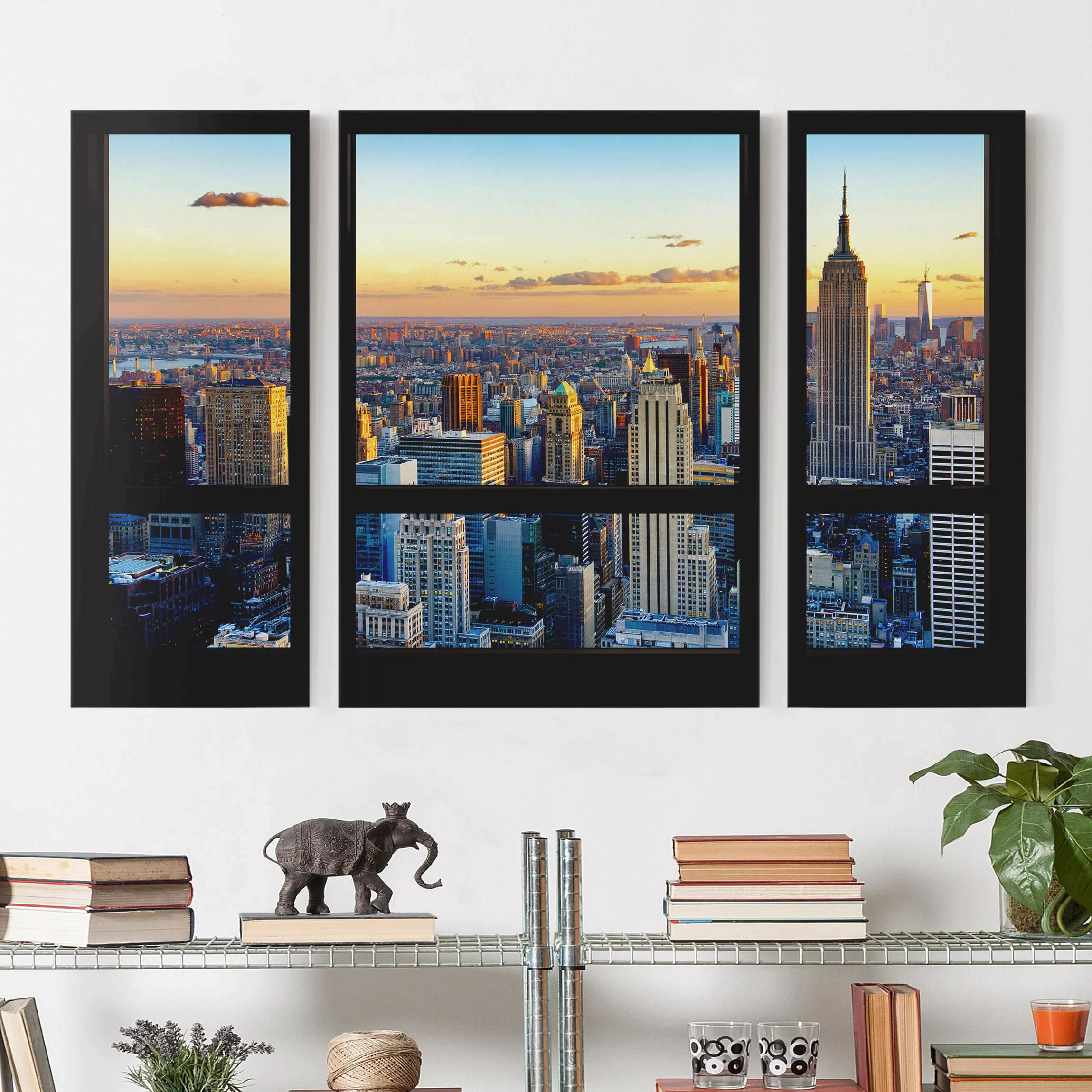 3-teiliges Leinwandbild Architektur & Skyline Fensterausblick - Sonnenaufga günstig online kaufen