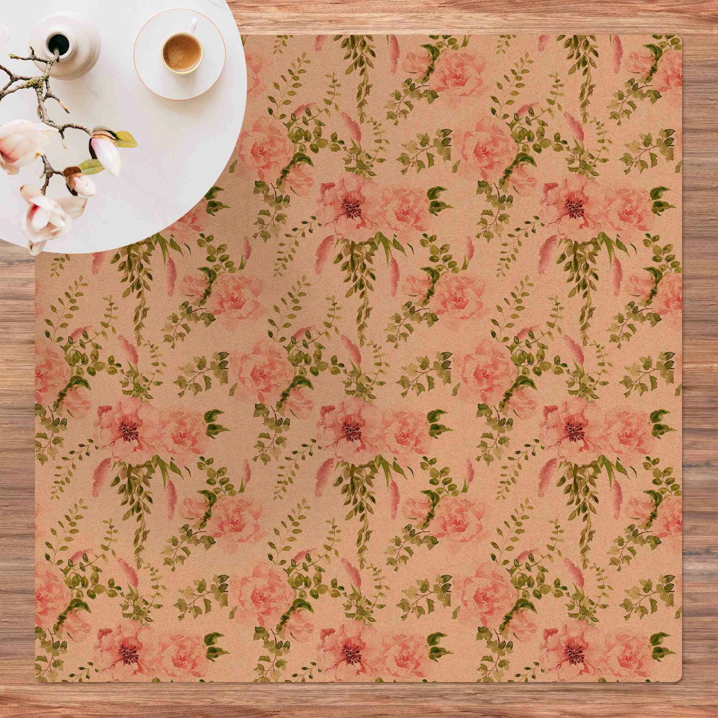 Kork-Teppich Grüne Blätter mit Rosa Blüten in Aquarell günstig online kaufen