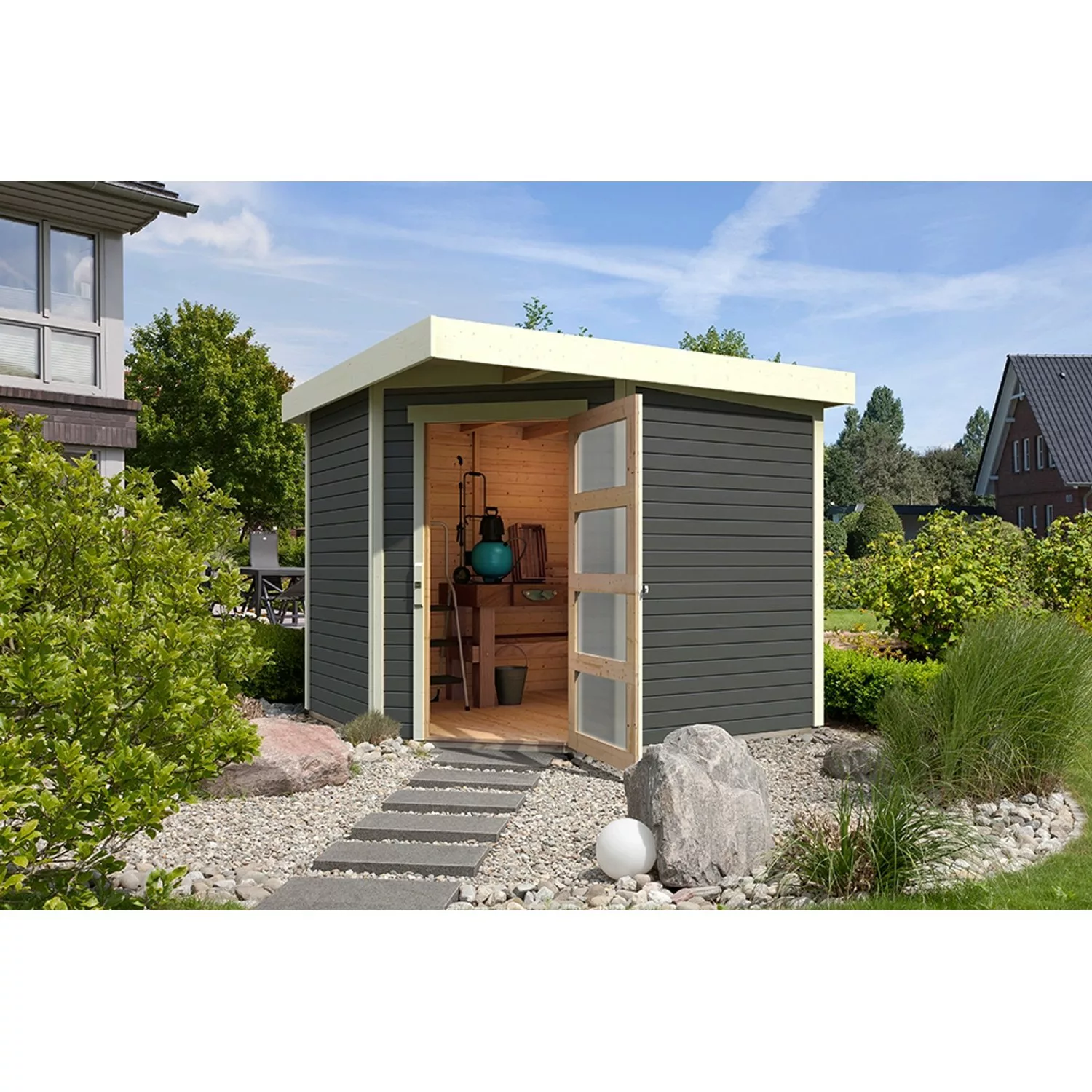 Karibu Holz-Gartenhaus Linköbing Terragrau Pultdach Lackiert 238 cm x 242 c günstig online kaufen