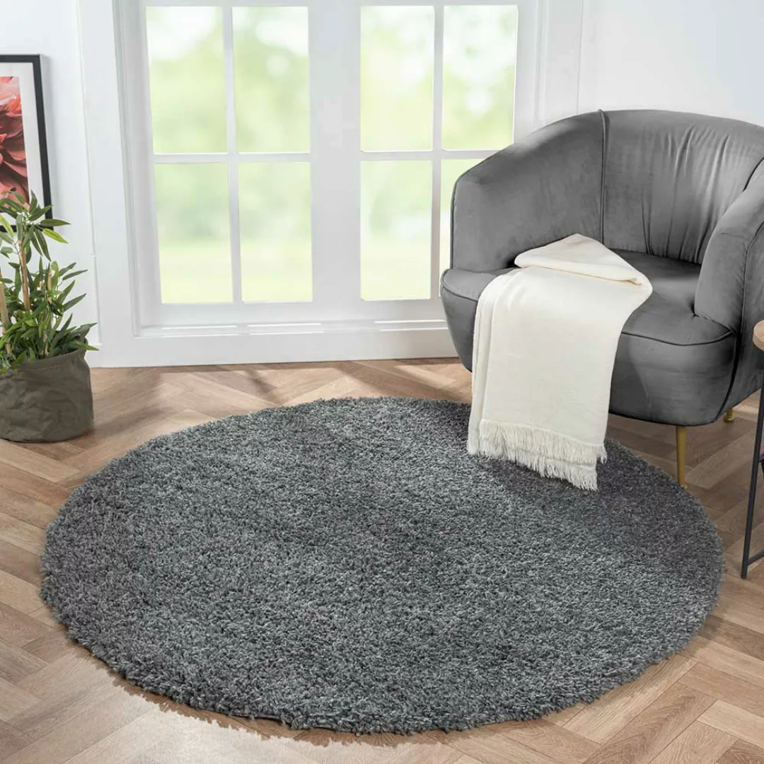 Hochflor Teppich Shaggy rund in Dunkelgrau 150 cm Durchmesser günstig online kaufen