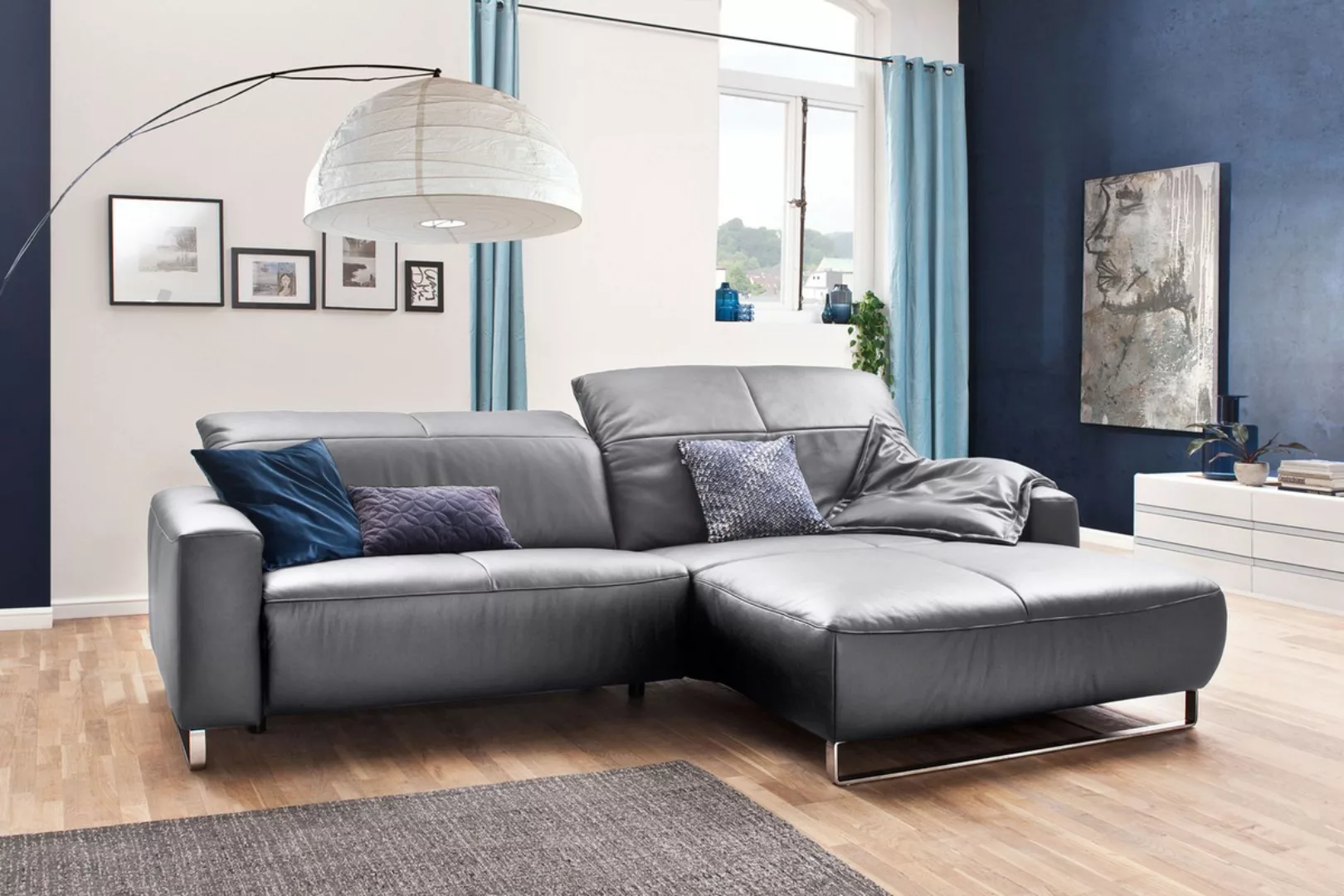 KAWOLA Sofa YORK Leder Recamiere light-grey günstig online kaufen