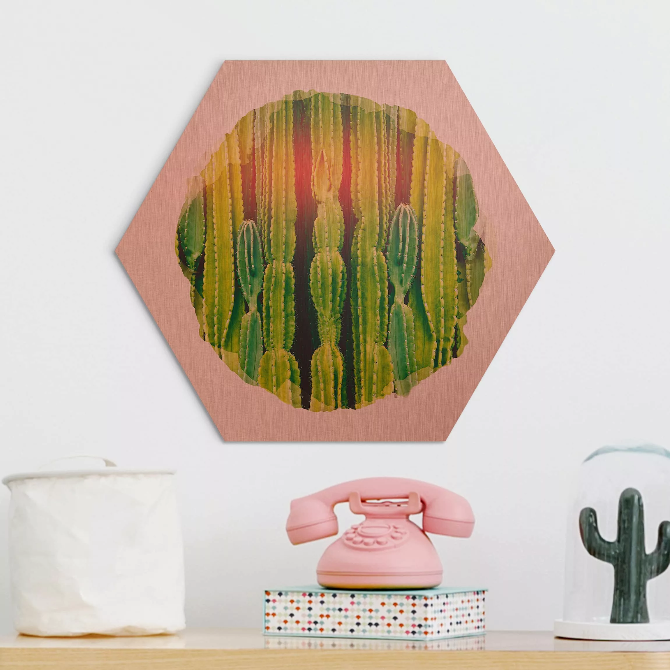 Hexagon-Alu-Dibond Bild Blumen Wasserfarben - Kaktus Wand günstig online kaufen