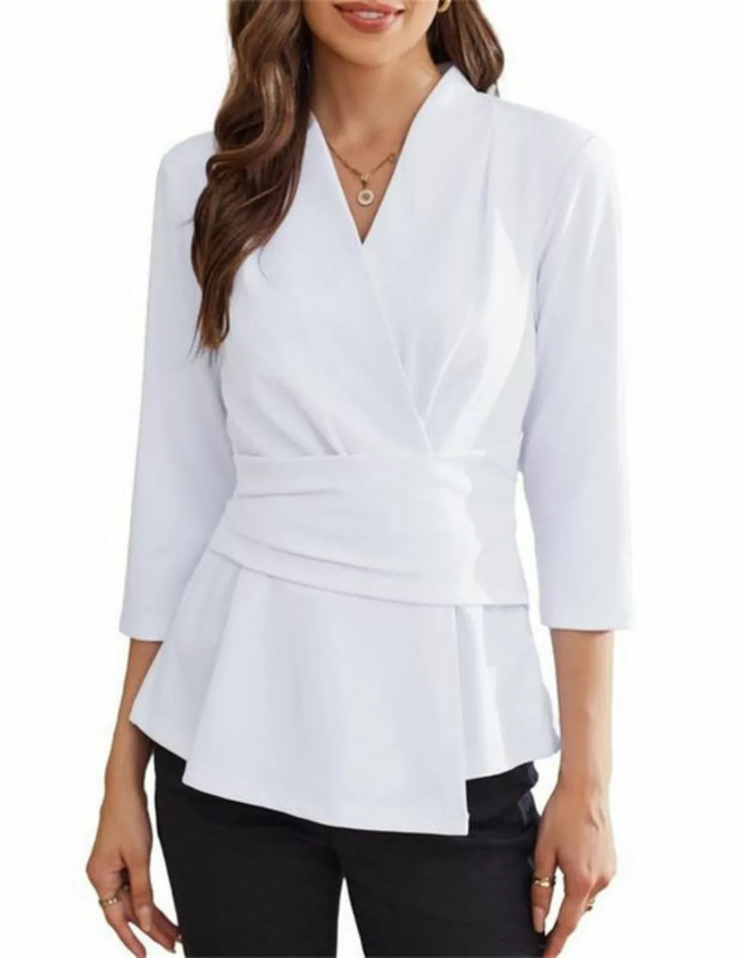 ZWY Langarmshirt Damen-Tops mit V-Ausschnitt, Business-Hemden, einfarbig günstig online kaufen