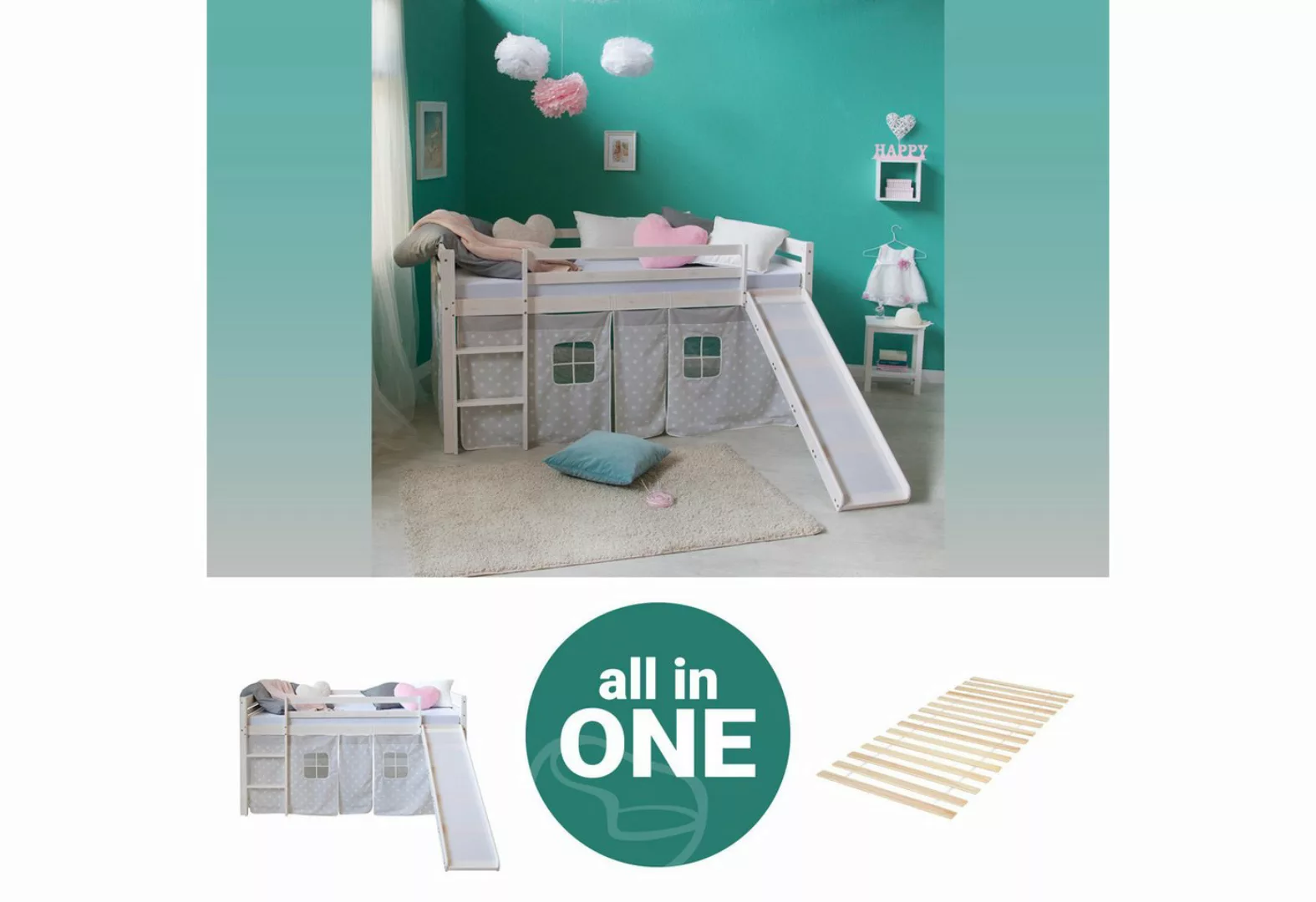 Homestyle4u Hochbett 90x200 cm Weiß mit Vorhang Sterne Grau Spielbett für 1 günstig online kaufen