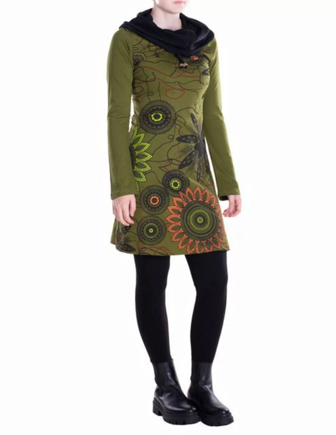 Vishes Tunikakleid Damen Mandala-Kleid Schal-Kragen Langarm-Shirtkleid Baum günstig online kaufen