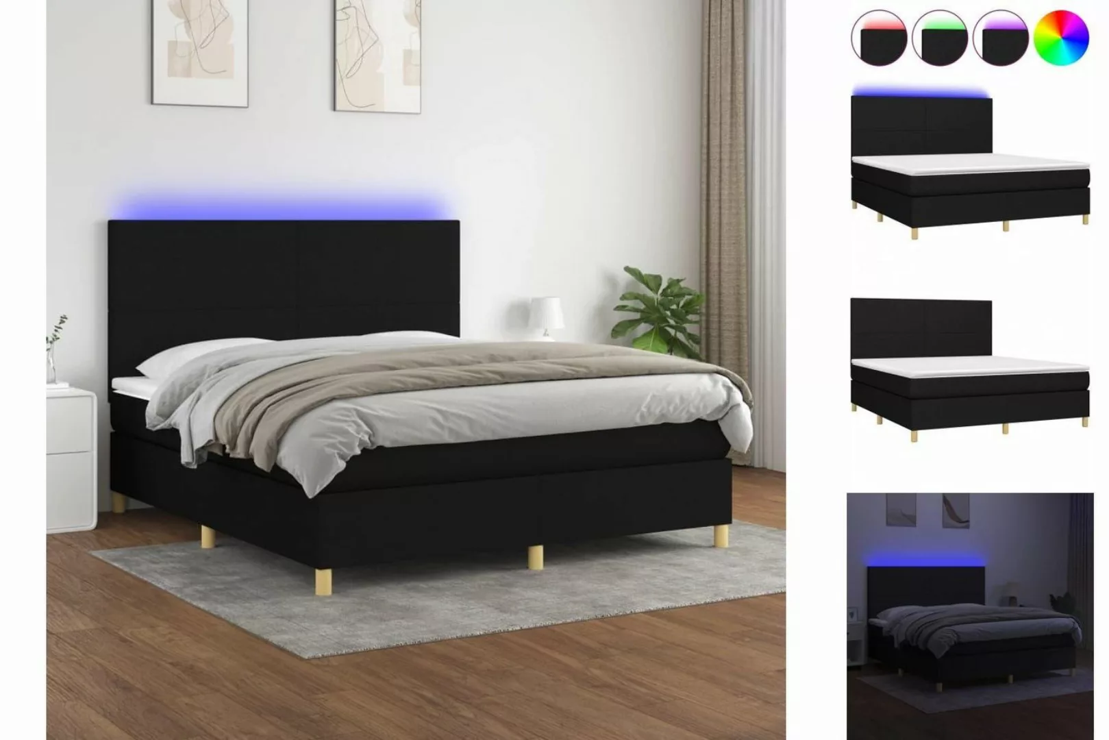 vidaXL Boxspringbett (160 x 200 cm, Schlichtes Design, Schwarz), mit LED günstig online kaufen