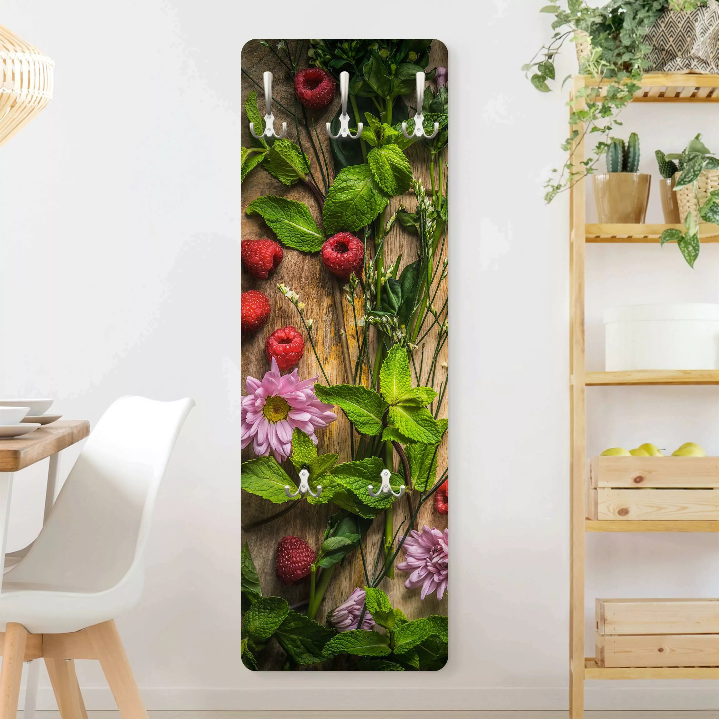Wandgarderobe Holzpaneel Küche Blumen Himbeeren Minze günstig online kaufen