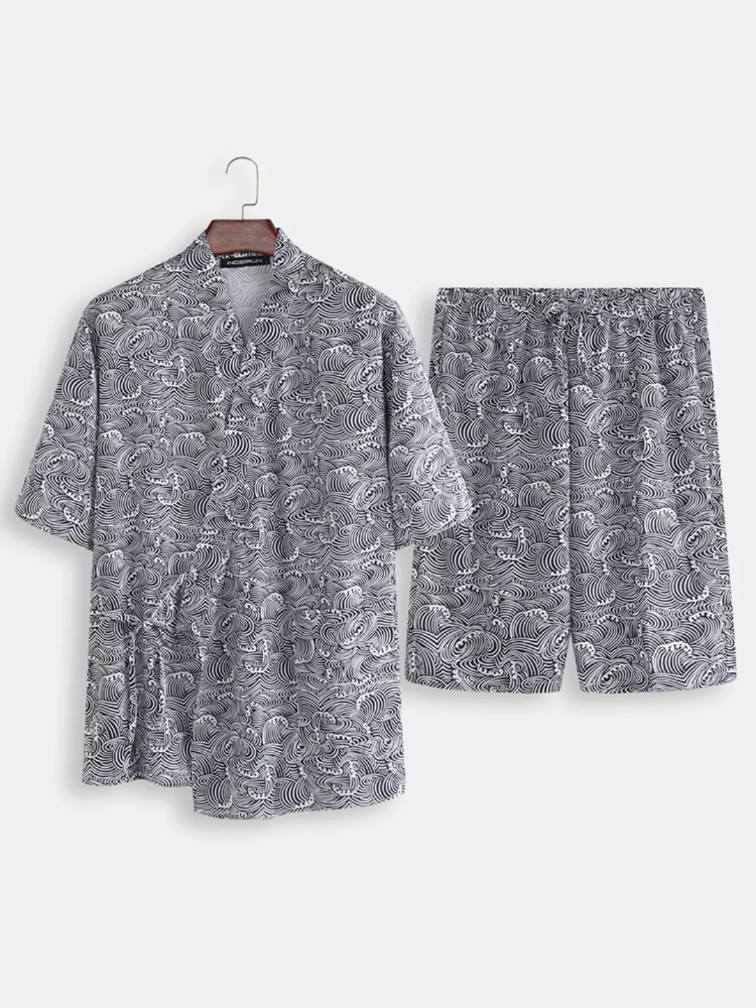 Männer Kimono Robe Pyjamas Set Wassermuster Print Lose atmungsaktive japani günstig online kaufen