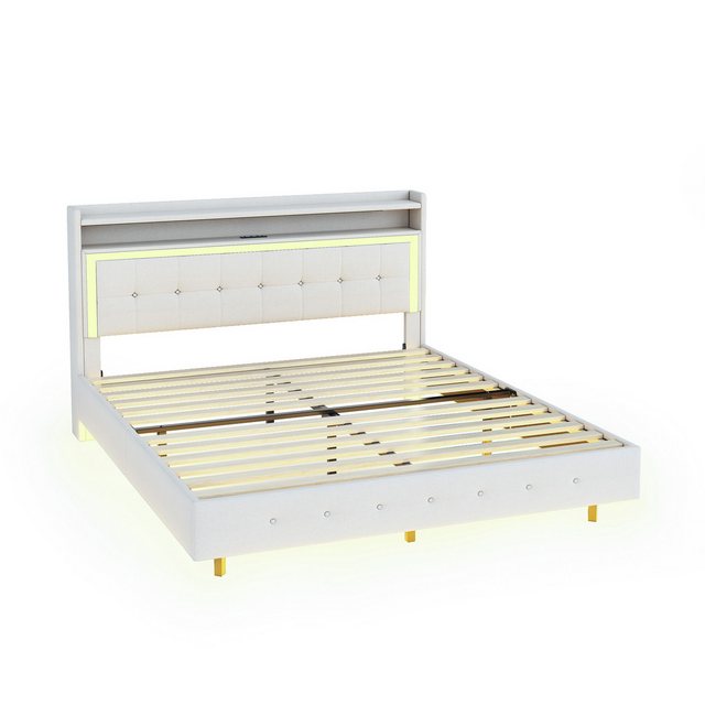 OKWISH Polsterbett Doppelbett mit USB-Steckdose und LED-Licht (verstecktes günstig online kaufen