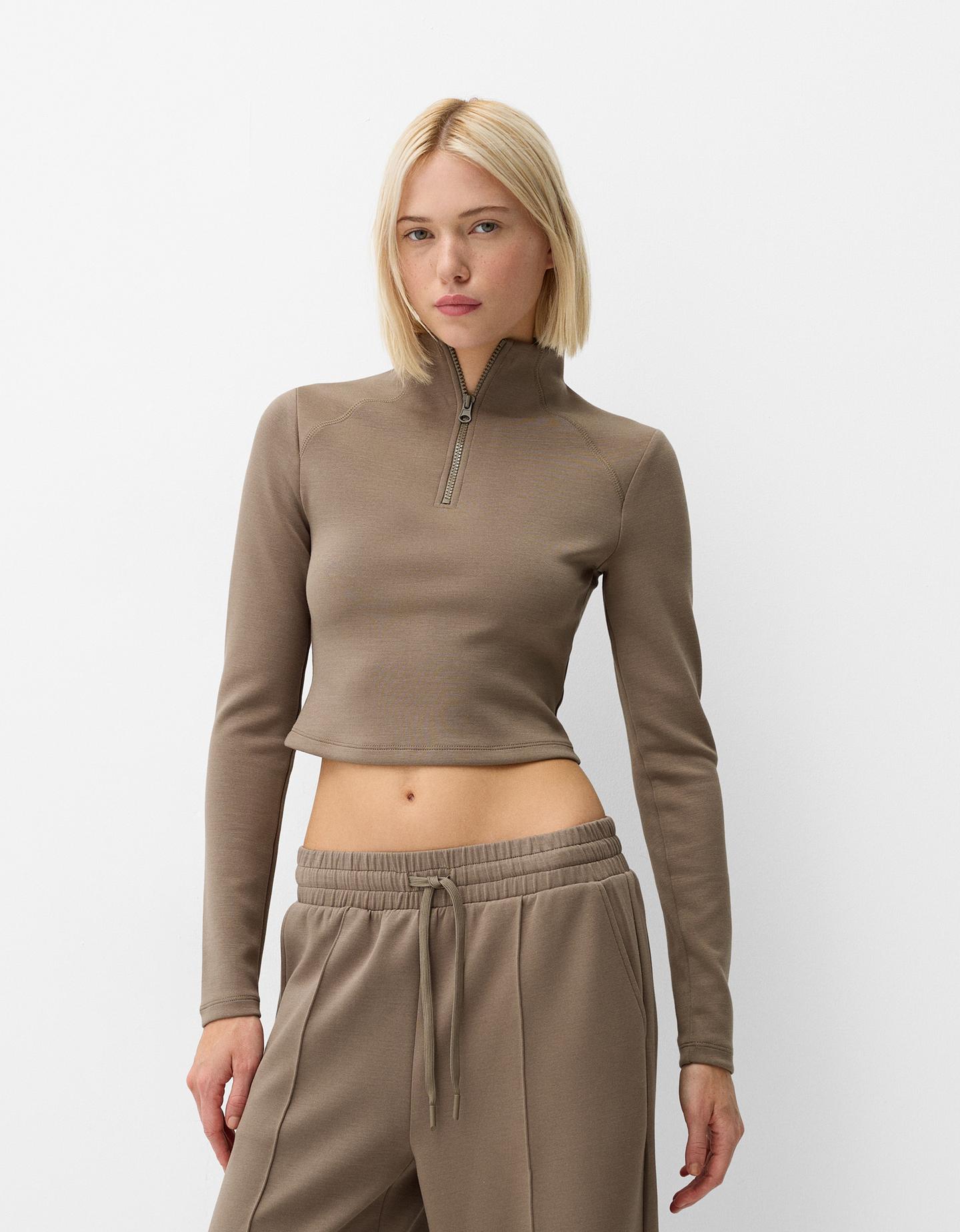 Bershka Soft Touch-Pullover Mit Reißverschluss Damen Xs Nerzfarbe günstig online kaufen