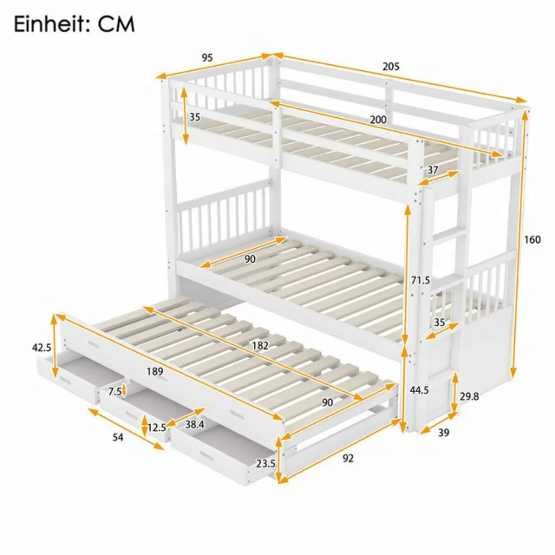 Flieks Etagenbett, Kinderbett 3 Liegefläche und 3 Schubladen 90x200cm Kiefe günstig online kaufen