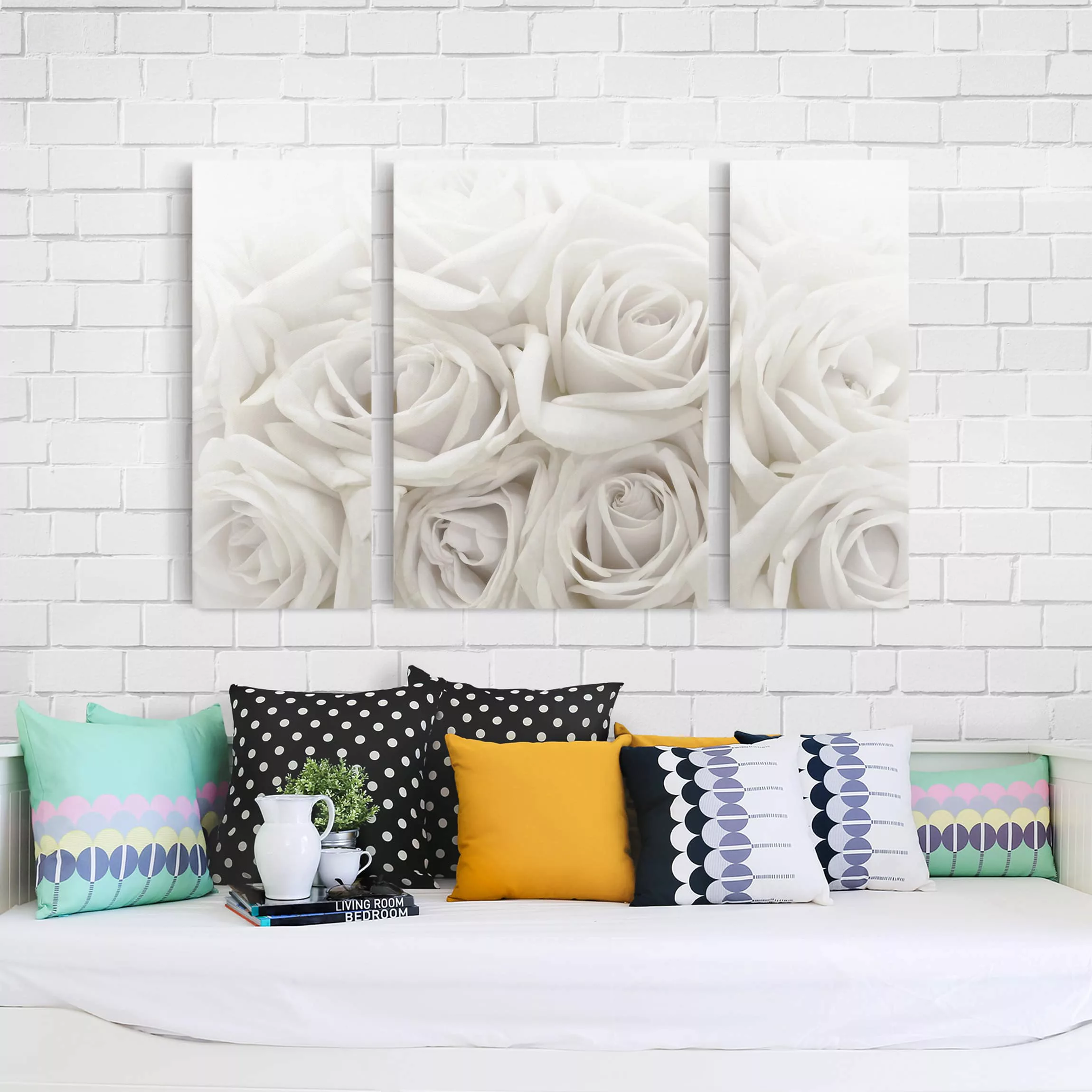 3-teiliges Leinwandbild Blumen - Querformat Weiße Rosen günstig online kaufen
