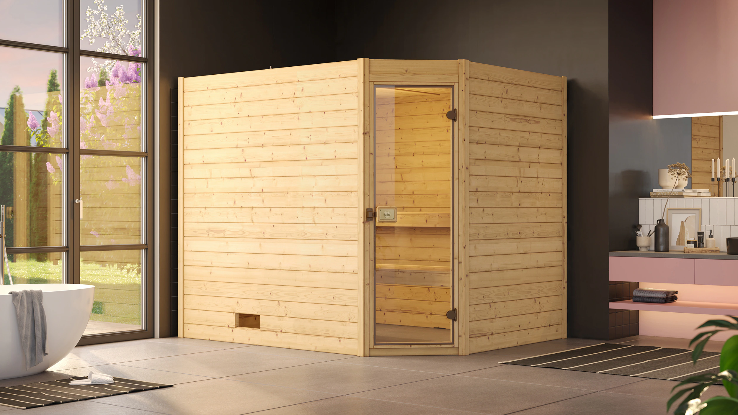 weka Sauna »Massivholzsauna VALIDA Eck 3«, Blockbohlen, moderne Ganzglastür günstig online kaufen