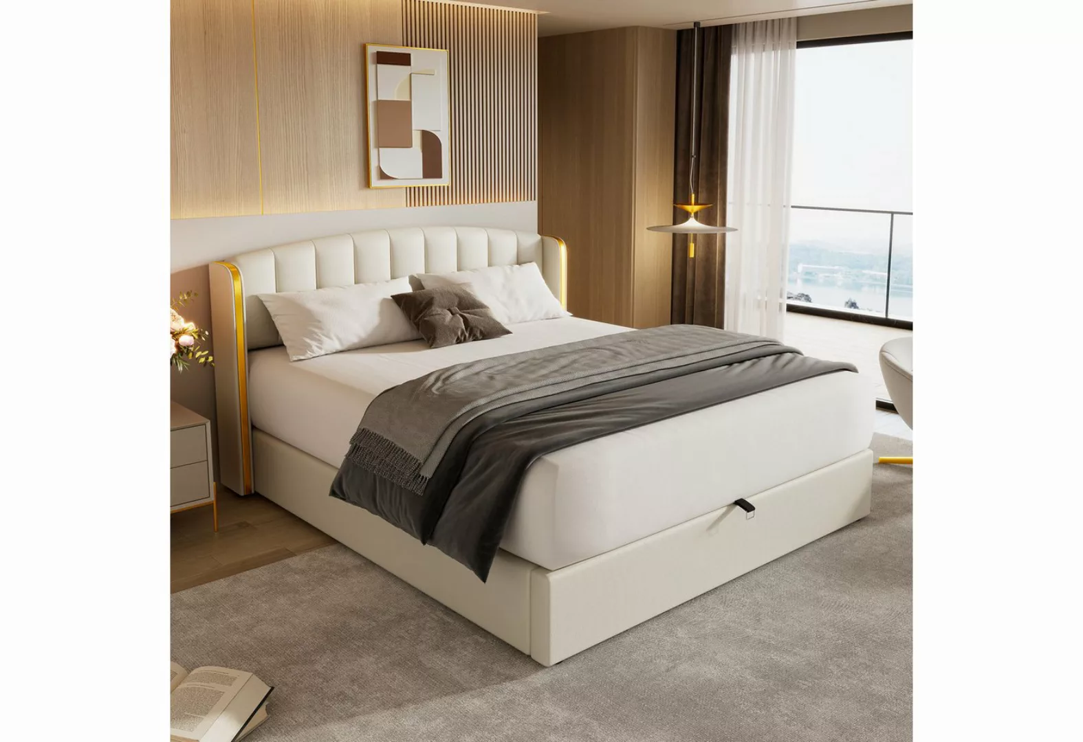MODFU Polsterbett Hydraulisches Bett (180*200cm), mit goldgerandetes Ohrend günstig online kaufen
