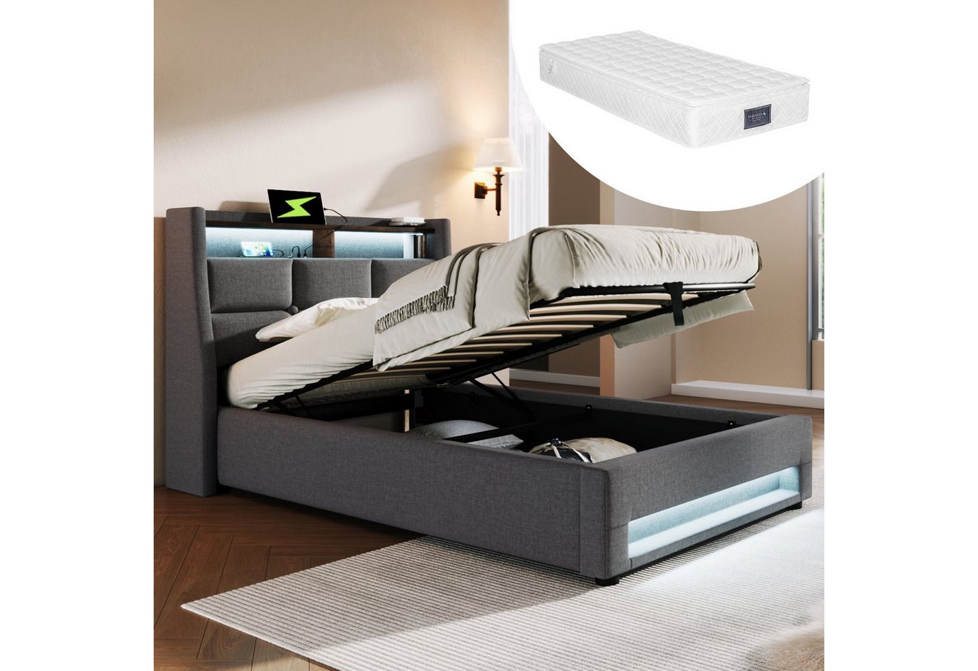 WISHDOR Polsterbett Bett (LED Doppelbett Jugendbett mit USB/Typ-C Ladeansch günstig online kaufen