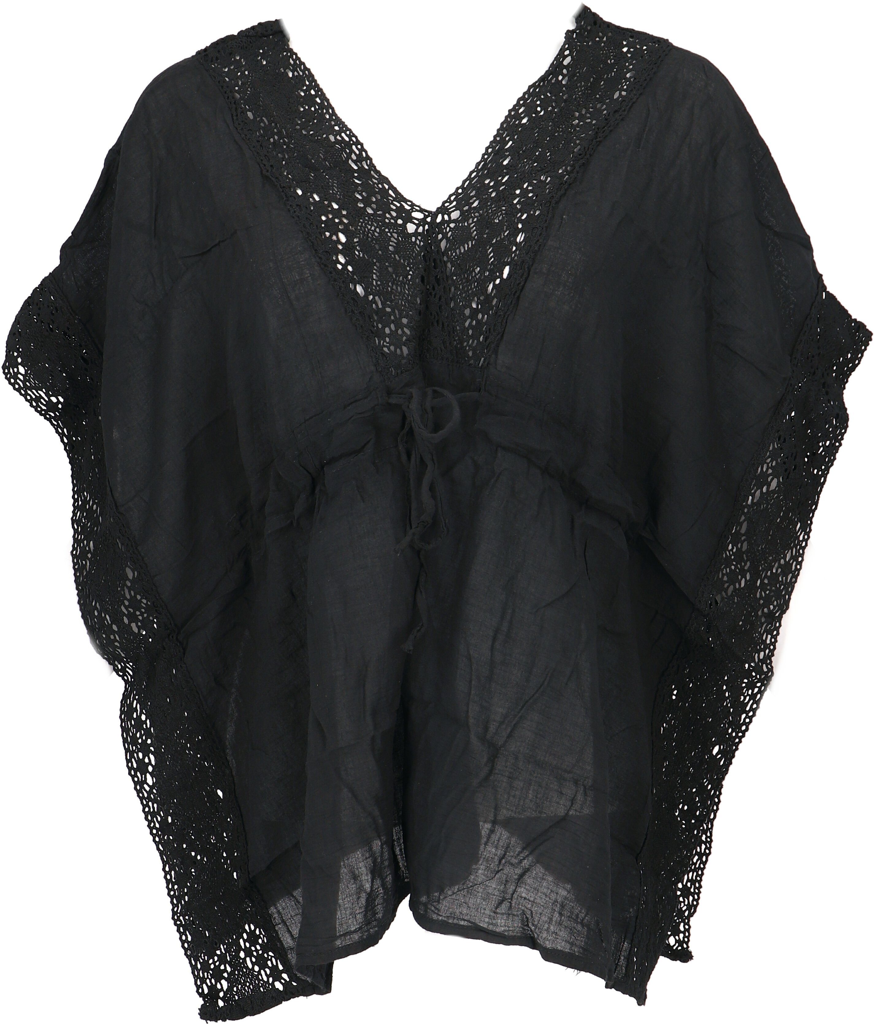 Guru-Shop Longbluse Kurze Kaftanbluse mit Spitze, günstig online kaufen