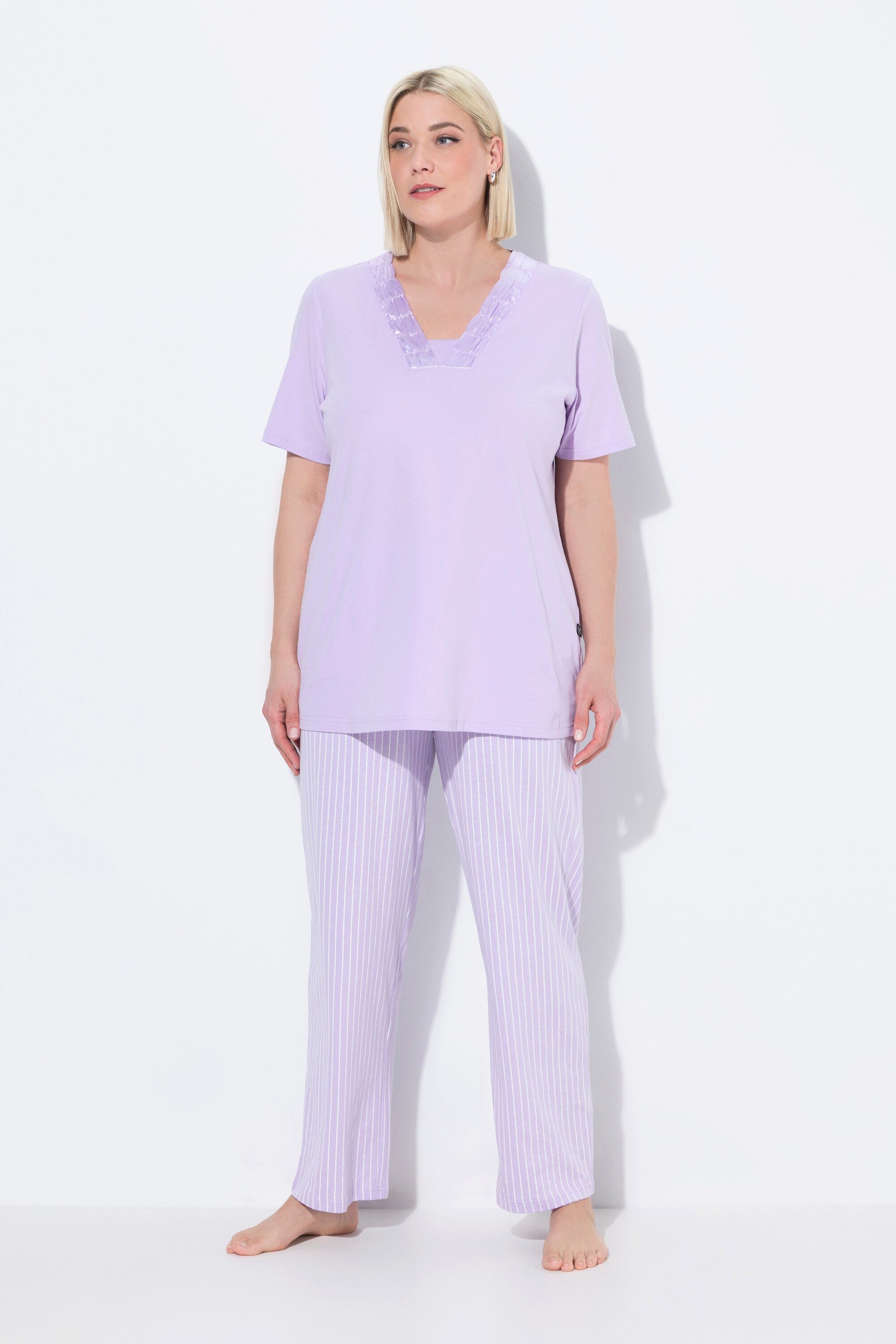 Ulla Popken Pyjama Schlafanzug Streifen V-Ausschnitt günstig online kaufen