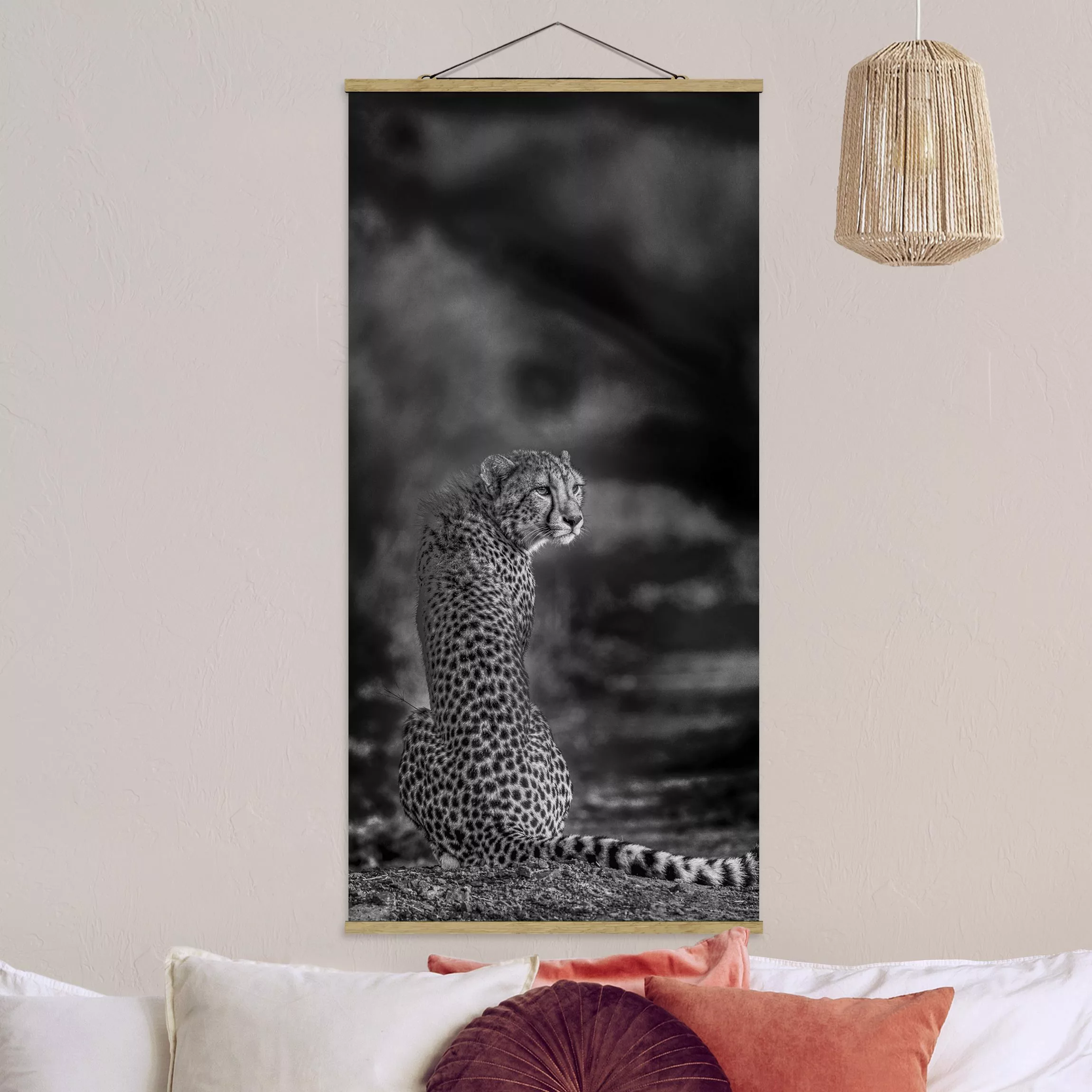 Stoffbild Tiere mit Posterleisten - Hochformat Gepard in der Wildness günstig online kaufen