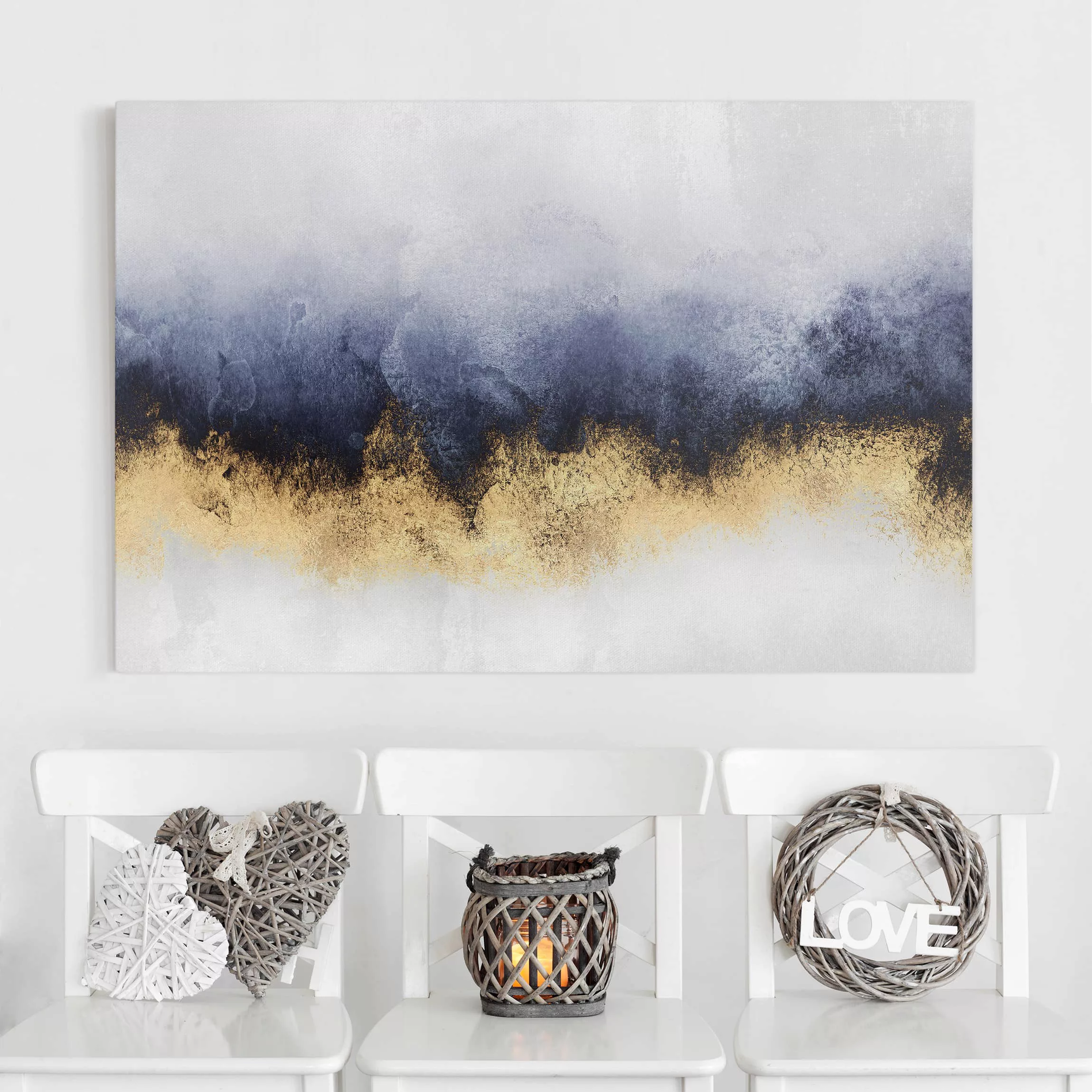 Leinwandbild Abstrakt - Querformat Wolkenhimmel mit Gold günstig online kaufen
