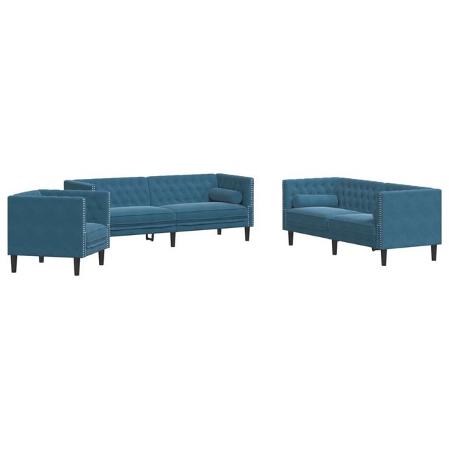 vidaXL Sofa 3-tlg. Chesterfield-Sofa-Set mit Nackenrollen Blau Samt günstig online kaufen