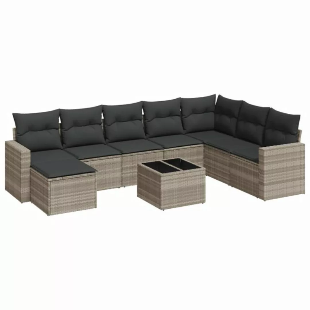 vidaXL Sofaelement 9-tlg. Garten-Sofagarnitur mit Kissen Hellgrau Poly Ratt günstig online kaufen