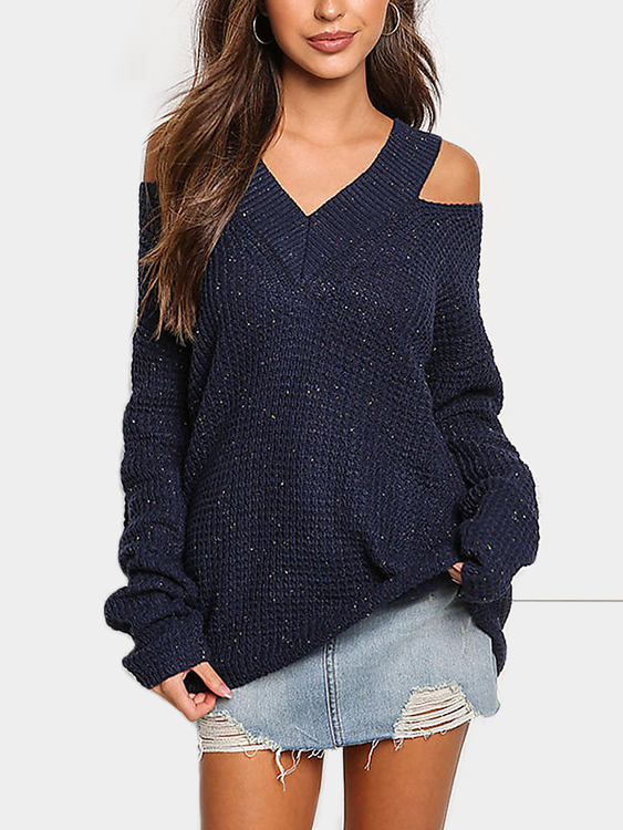 Navy Cold Shoulder Pullover mit V-Ausschnitt und langen Ärmeln günstig online kaufen