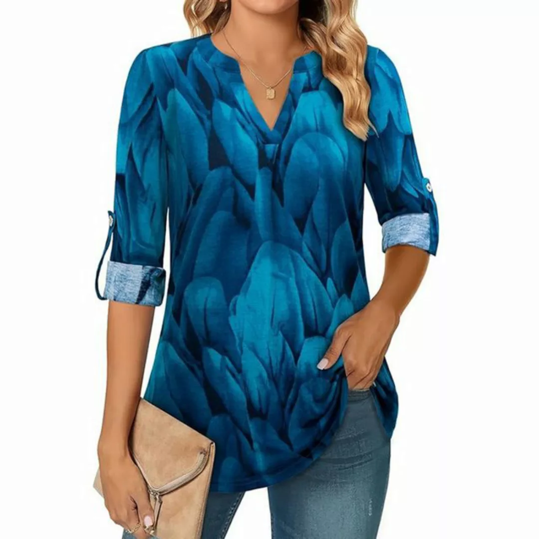 FIDDY Longbluse Damen T-Shirt Korsett Floral Shirt Langarm Mode V-Ausschnit günstig online kaufen