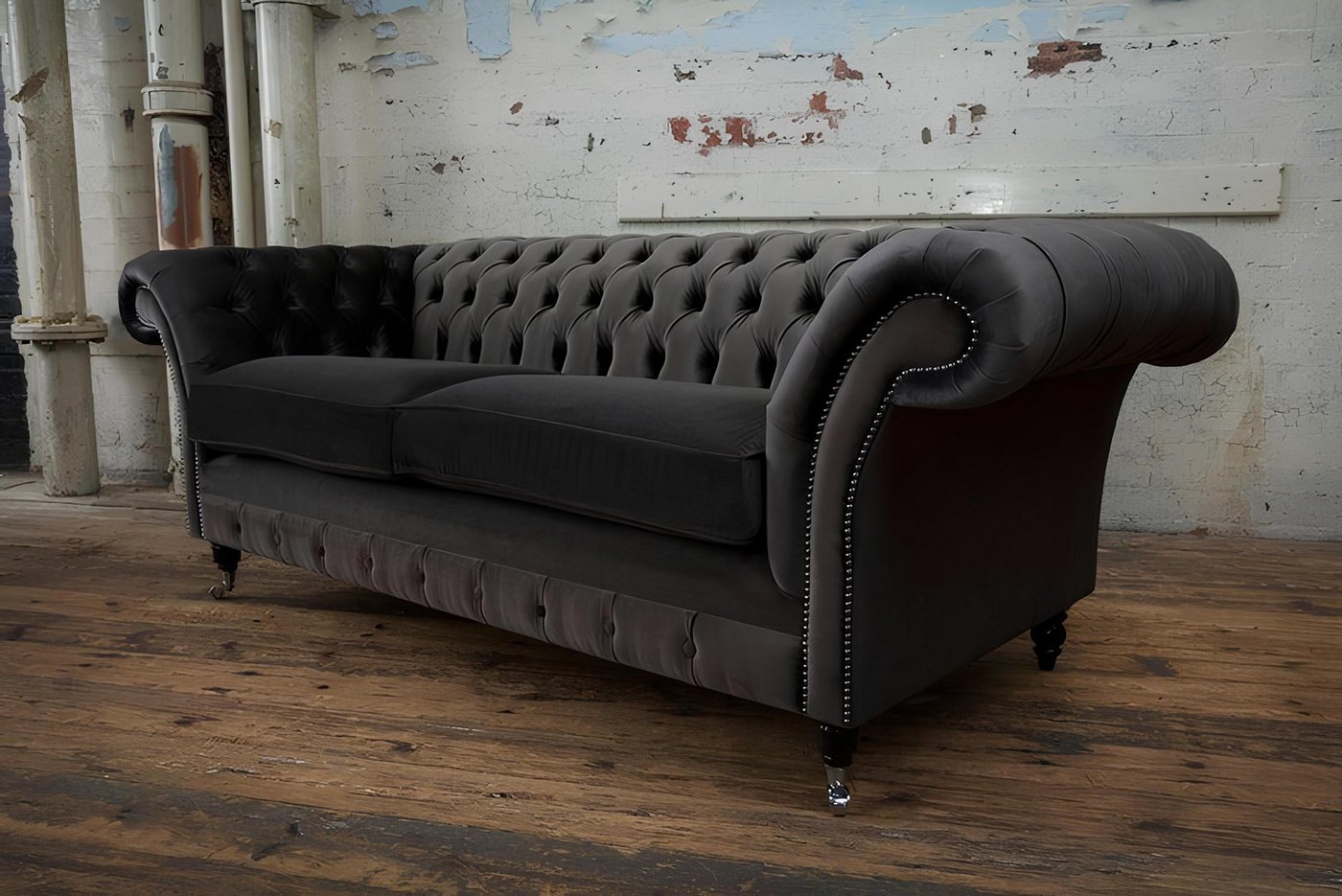 Xlmoebel Sofa Dreisitzer Chesterfield-Sofa in braunem Leder und Textilbezug günstig online kaufen