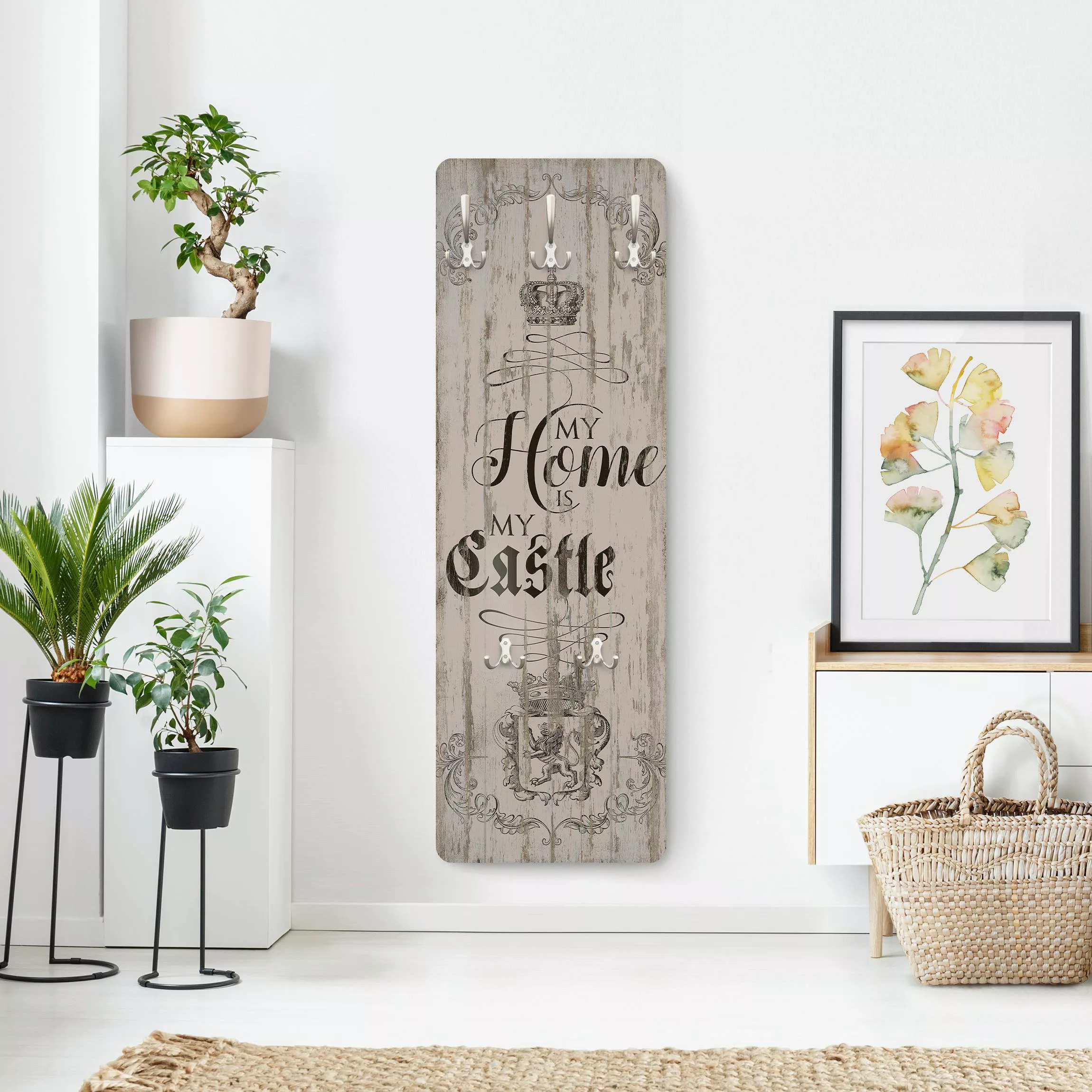 Wandgarderobe Holzpaneel Spruch My Home is my Castle günstig online kaufen